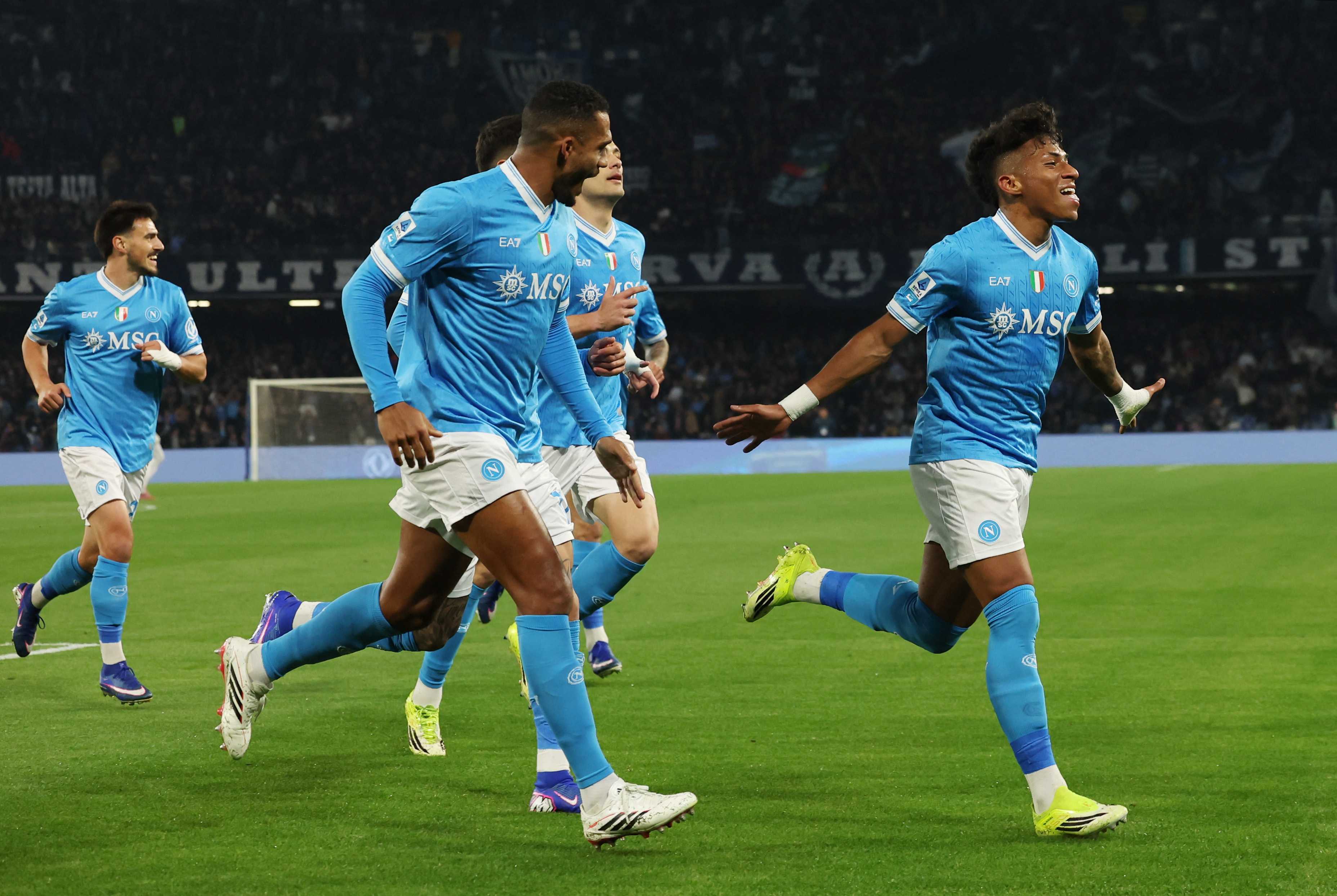 Soccer Football - Serie A - Napoli v Torino - Stadio Diego Armando Maradona, Naples, Italy - March 6, 2026 Napoli's Alisson Santos celebrates scoring their first goal REUTERS/Ciro De Luca