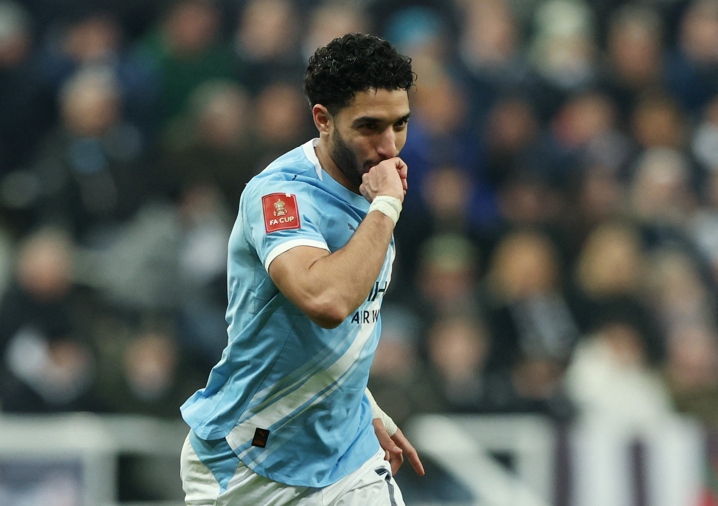 Soccer Football - FA Cup - Fifth Round - Newcastle United v Manchester City - St James' Park, Newcastle, Britain - March 7, 2026  Manchester City's Omar Marmoush celebrates scoring their third goal REUTERS/Scott Heppell