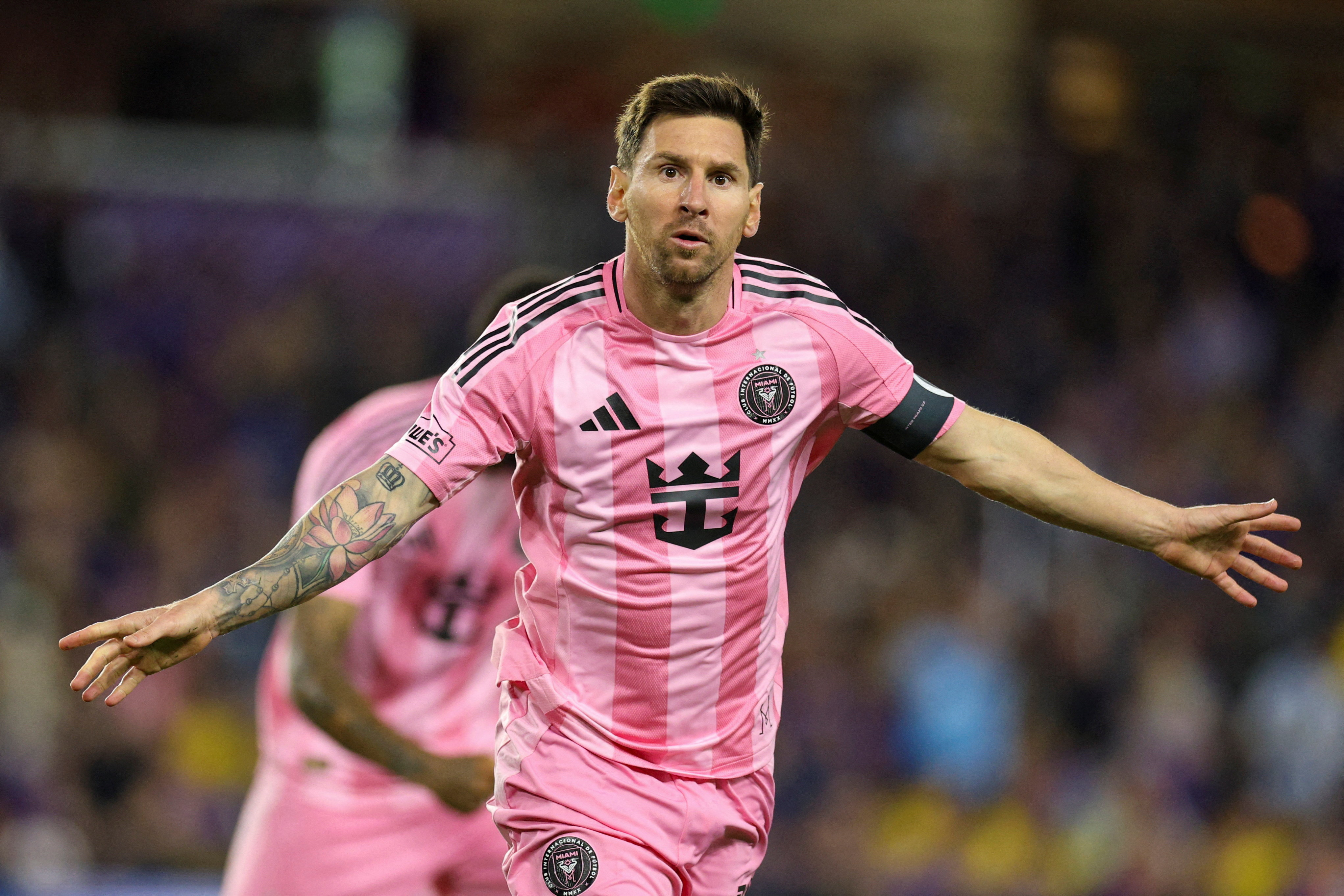 Mar 1, 2026; Orlando, Florida, USA; Inter Miami CF forward Lionel Messi (10) reacts after scoring a goal against Orlando City in the second half at Inter&Co Stadium. Mandatory Credit: Nathan Ray Seebeck-Imagn Images     TPX IMAGES OF THE DAY