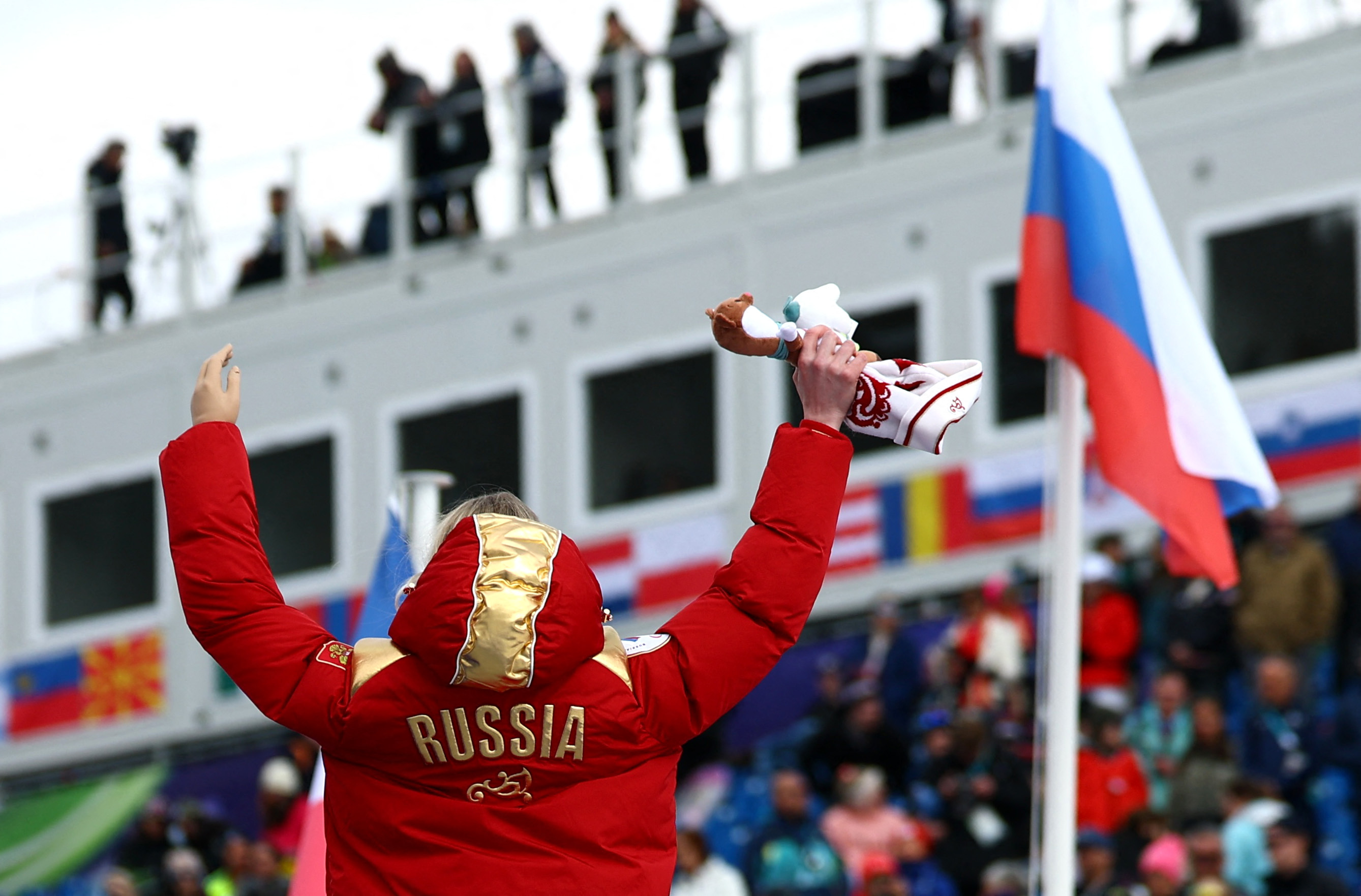 Milano Cortina 2026 Paralympics - Para Alpine Skiing - Women's Super-G Standing Victory Ceremony - Tofane Alpine Skiing Centre, Belluno, Italy - March 09, 2026. Gold medallist Varvara Voronchikhina of Russia celebrates on the podium during the women's sup