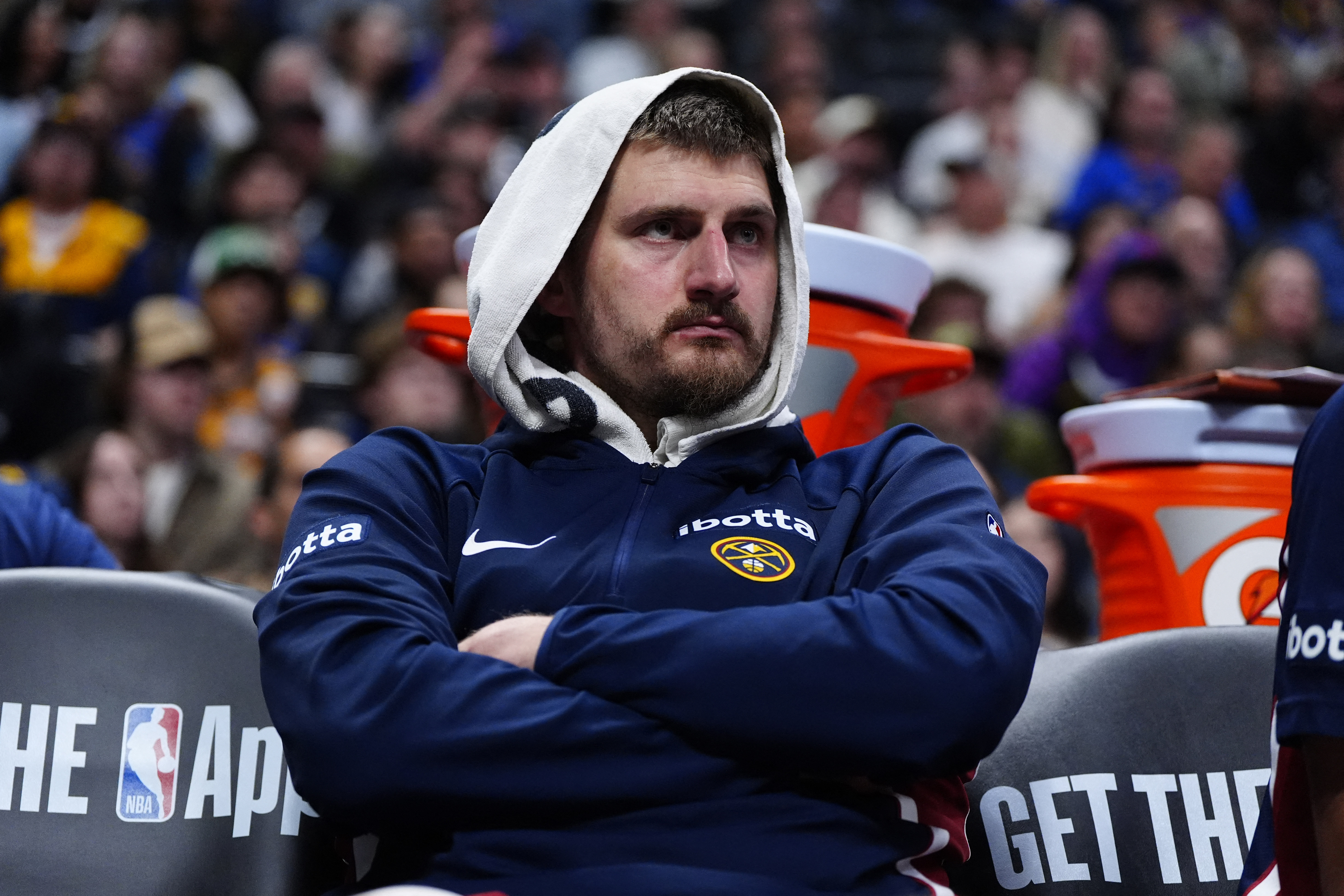 Mar 11, 2026; Denver, Colorado, USA; Denver Nuggets center Nikola Jokic (15) on the bench in the fourth quarter against the Houston Rockets at Ball Arena. Mandatory Credit: Ron Chenoy-Imagn Images