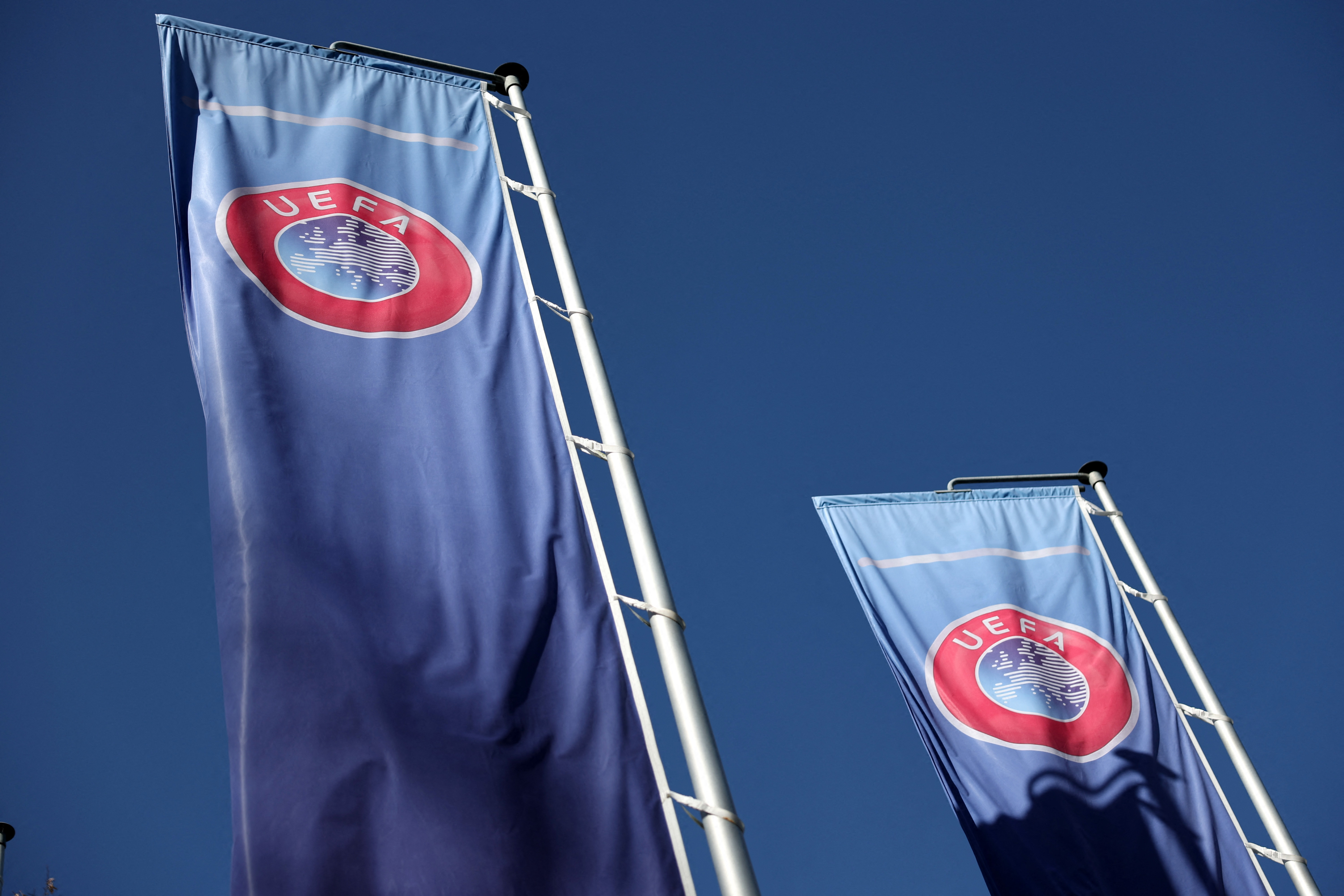 Soccer Football - UEFA Conference League - Draw for Round of 16, Quarter Finals, Semi Finals & Final - UEFA Headquarters, Nyon, Switzerland - February 27, 2026 General view of flags outside the UEFA Headquarters after the draws REUTERS/Pierre Albouy