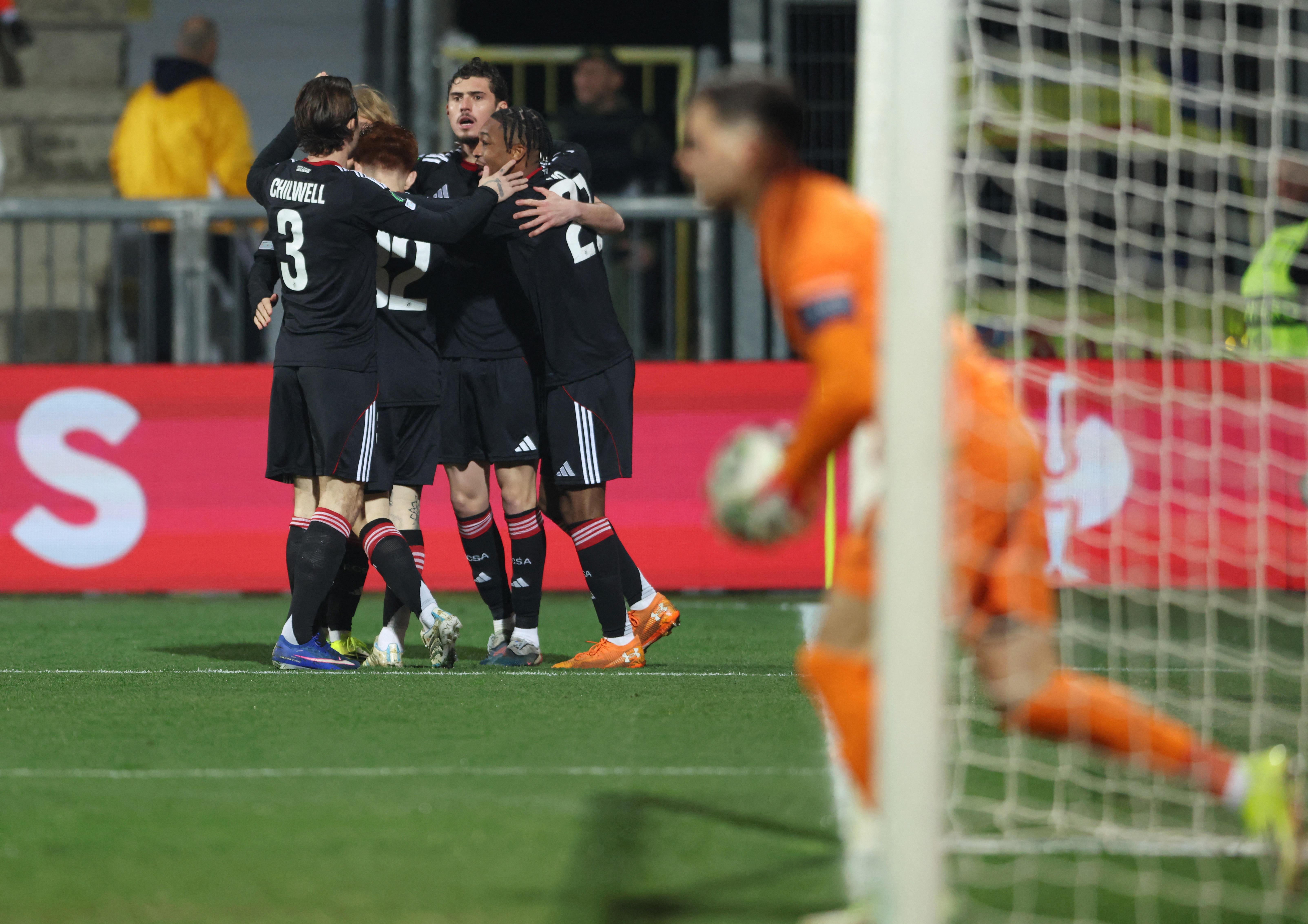Soccer Football - UEFA Conference League - Round of 16 - First Leg - Rijeka v RC Strasbourg - Stadion HNK Rijeka, Rijeka, Croatia - March 12, 2026 RC Strasbourg's Joaquin Panichelli celebrates scoring their first goal with teammates REUTERS/Antonio Bronic