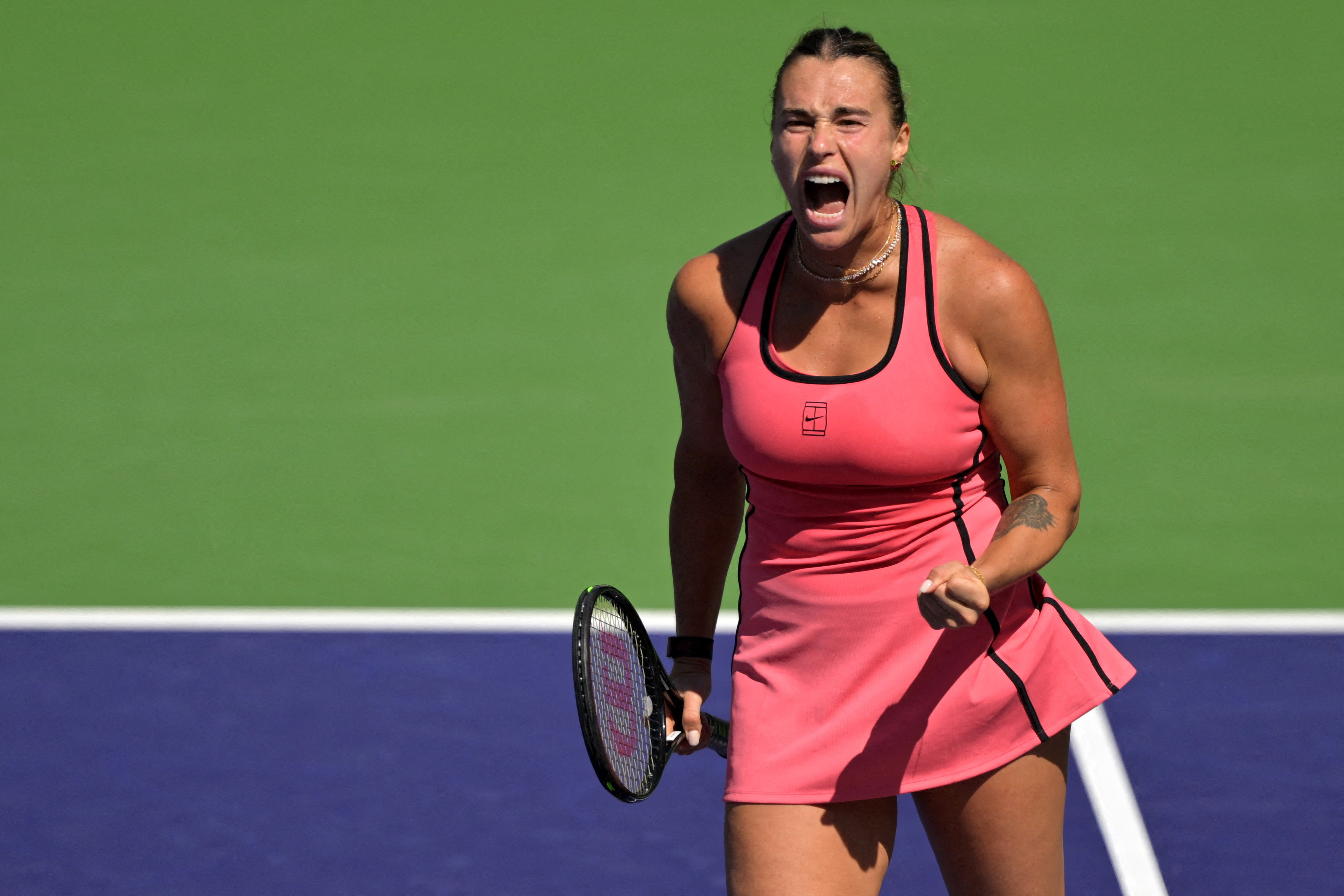 Mar 10, 2026; Indian Wells, CA, USA;  Aryna Sabalenka (BEL) reacts during her