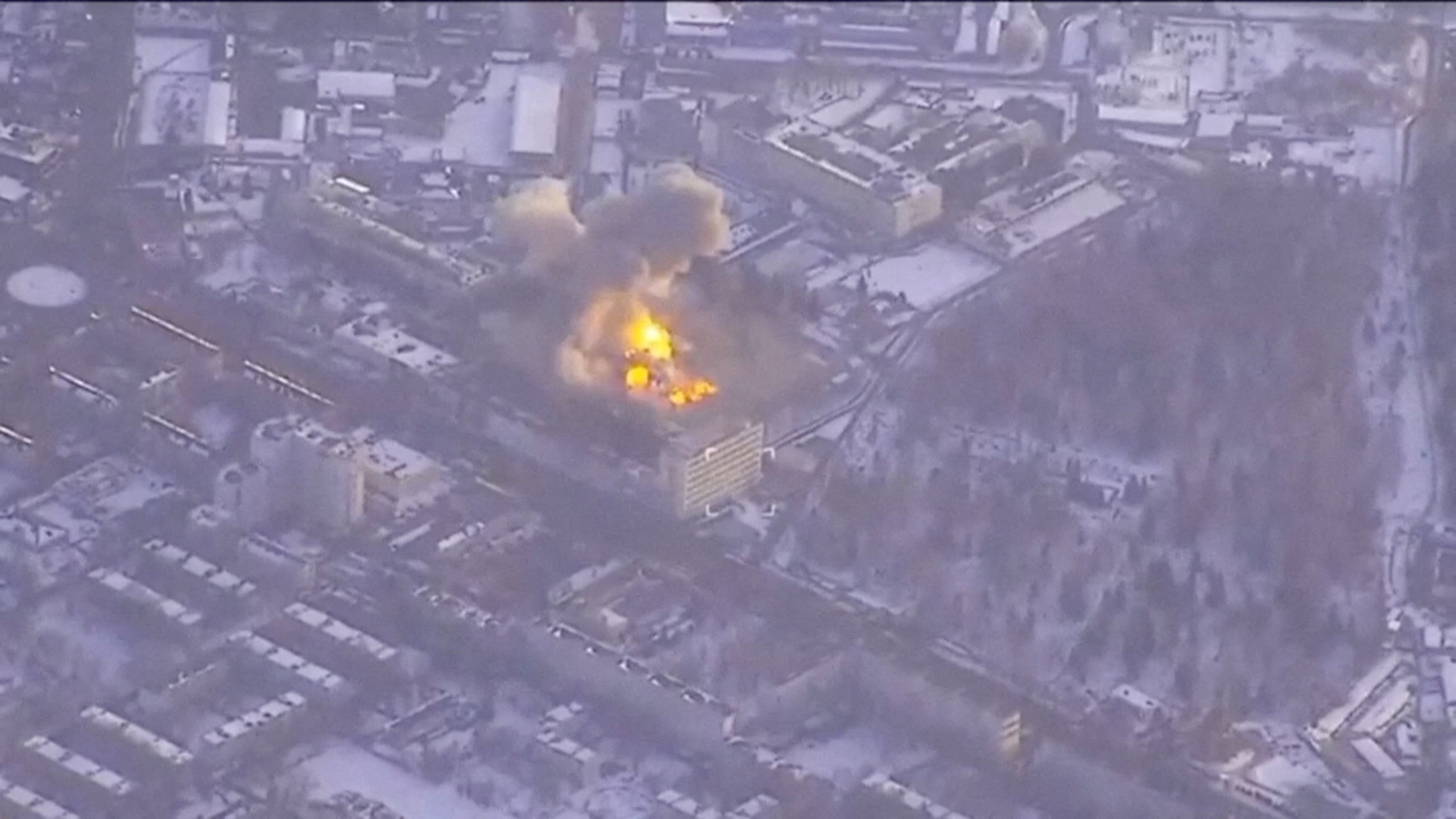 Smoke rises amid explosions from a Ukrainian strike on a Russian