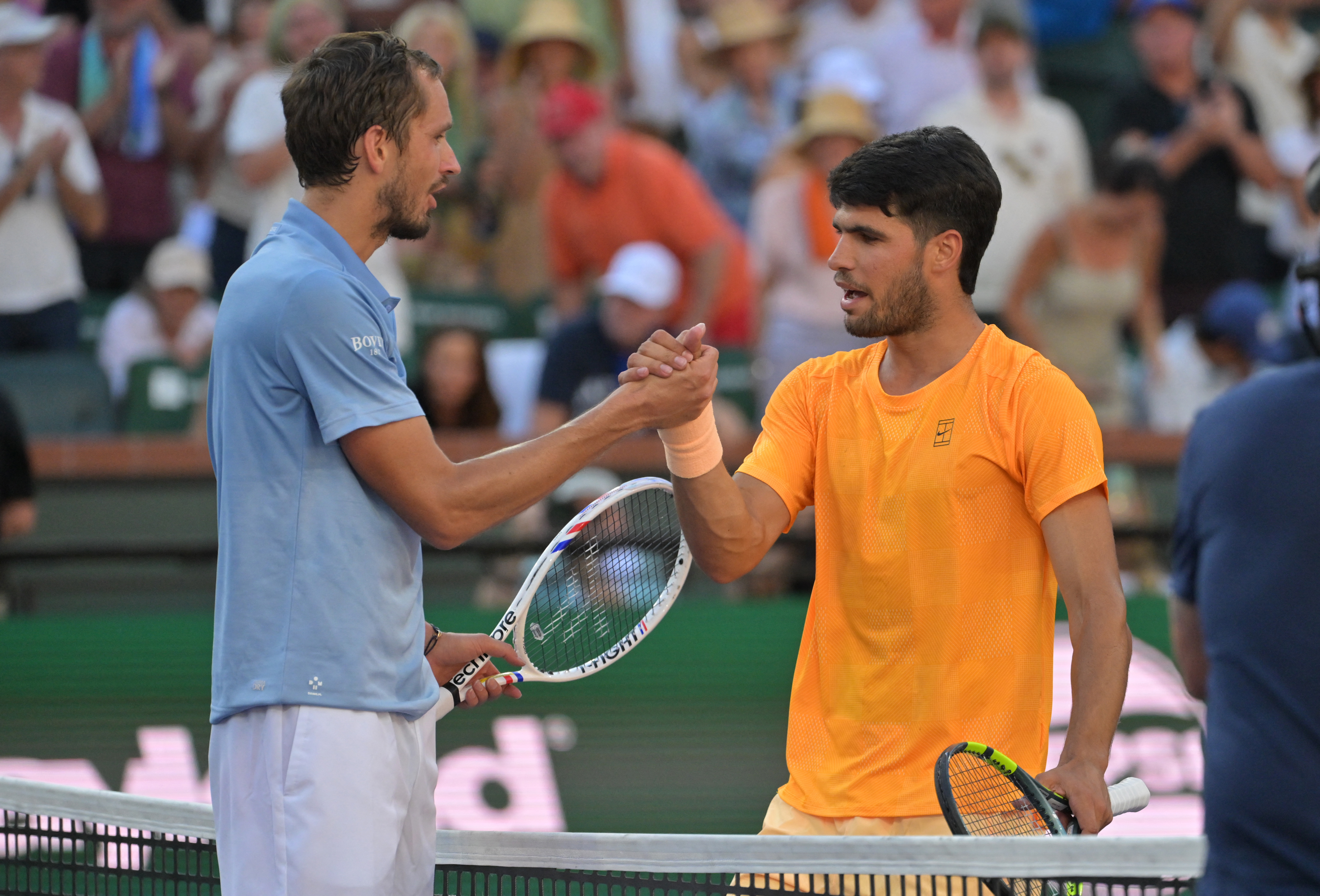 Mar 14, 2026; Indian Wells, CA, USA; Daniil Medvedev (RUS) shakes hands wi