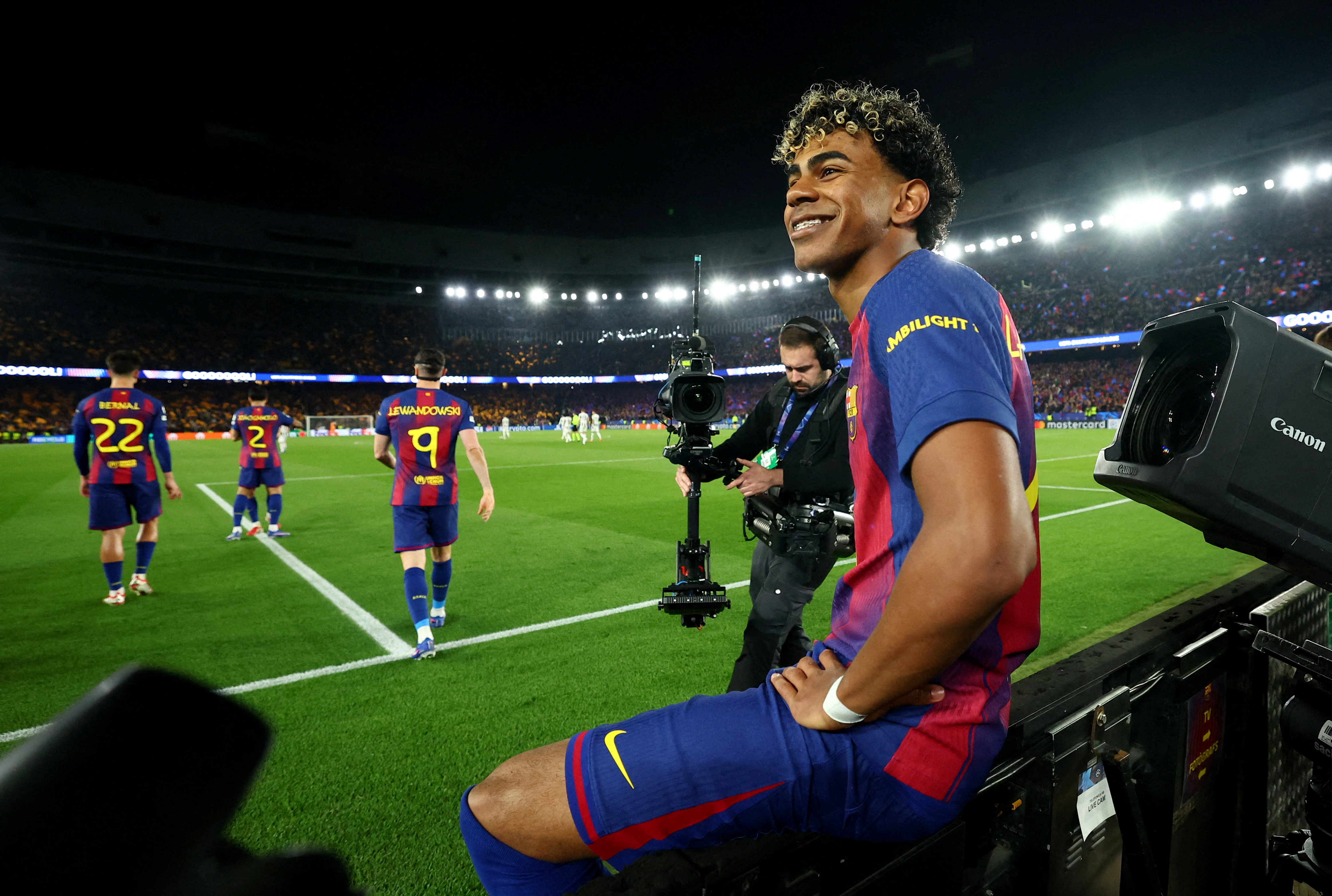 Soccer Football - UEFA Champions League - Round of 16 - Second Leg - FC Barcelona v Newcastle United - Spotify Camp Nou, Barcelona, Spain - March 18, 2026 FC Barcelona's Lamine Yamal after scoring their third goal REUTERS/Albert Gea     TPX IMAGES OF THE