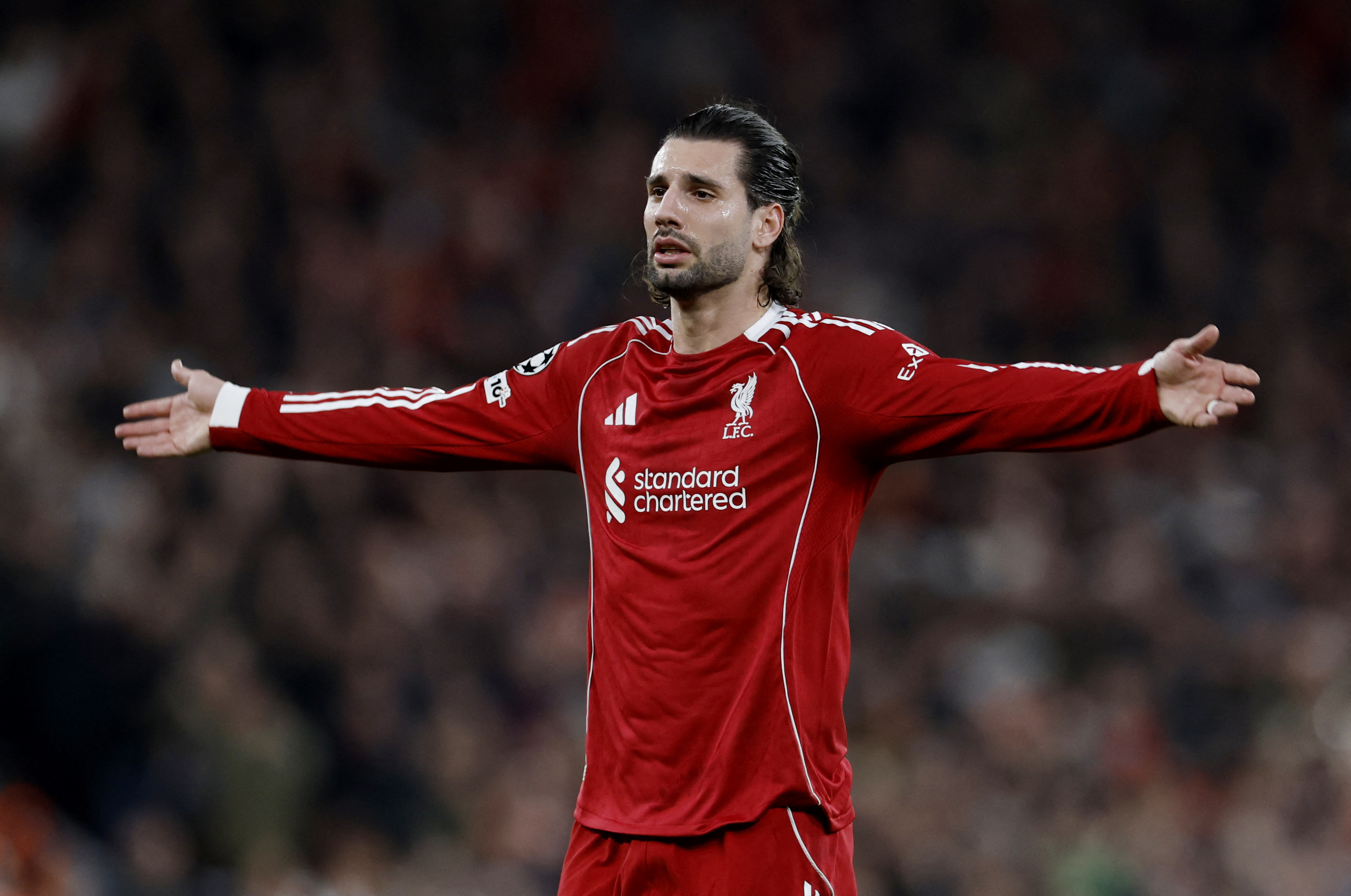 Soccer Football - UEFA Champions League - Round 16 - Second Leg - Liverpool v Galatasaray - Anfield, Liverpool, Britain - March 18, 2026 Liverpool's Dominik Szoboszlai reacts Action Images via Reuters/Jason Cairnduff