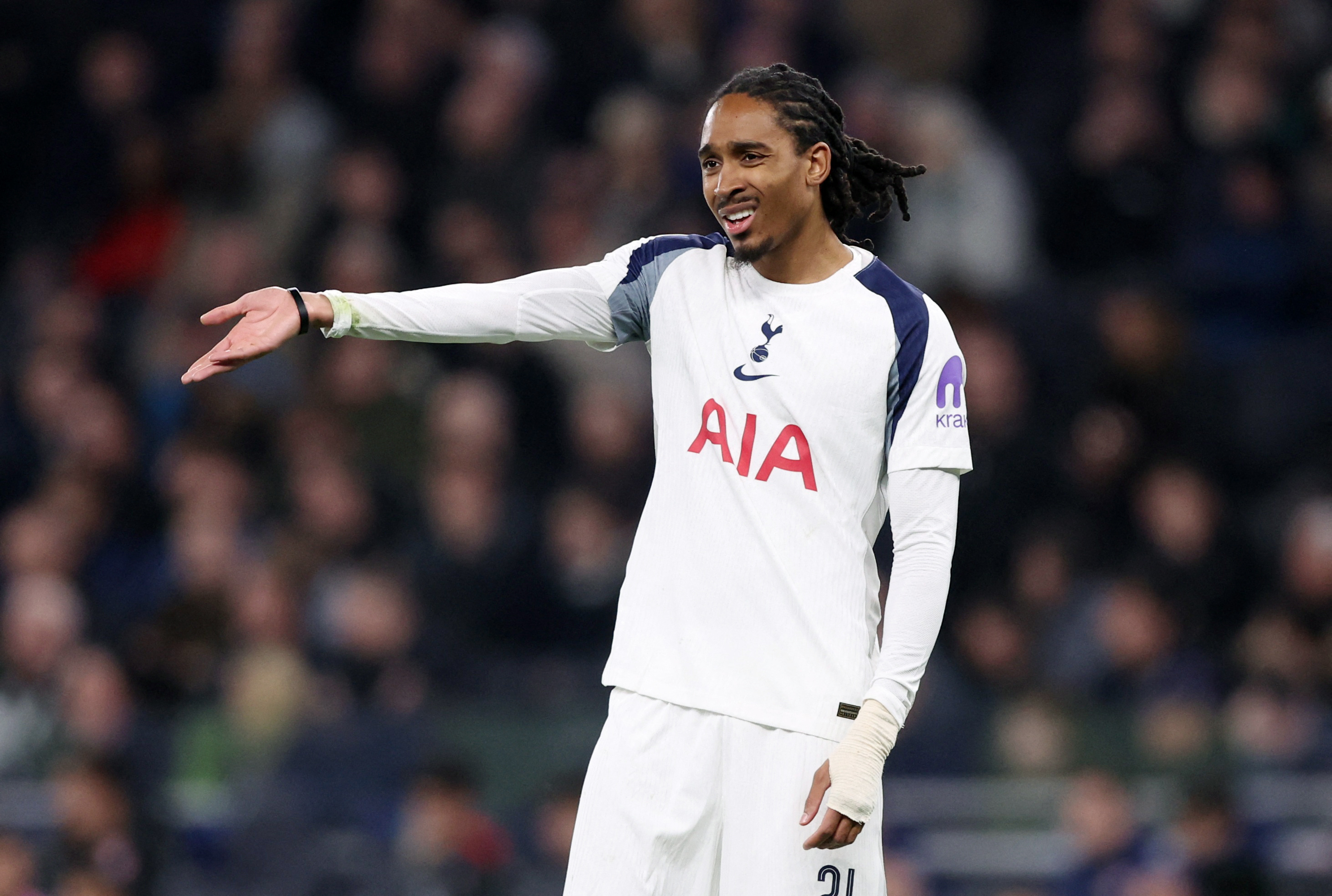 Soccer Football - UEFA Champions League - Round 16 - Second Leg - Tottenham Hotspur v Atletico Madrid - Tottenham Hotspur Stadium, London, Britain - March 18, 2026 Tottenham Hotspur's Djed Spence reacts REUTERS/David Klein