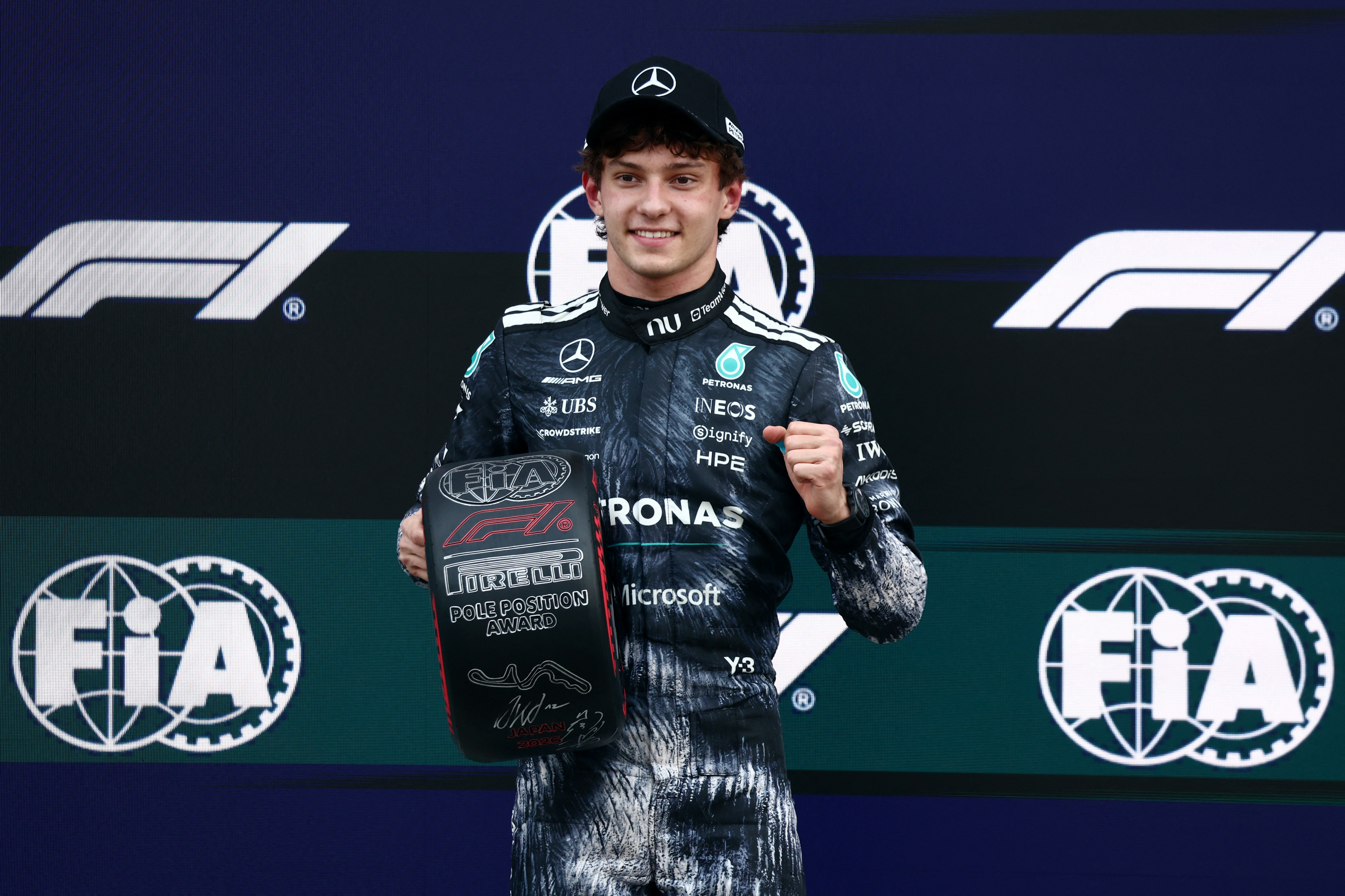 Formula One F1 - Japanese Grand Prix - Suzuka Circuit, Suzuka, Japan - March 28, 2026 Mercedes' Andrea Kimi Antonelli celebrates with the pole position award after qualifying in pole position REUTERS/Jakub Porzycki