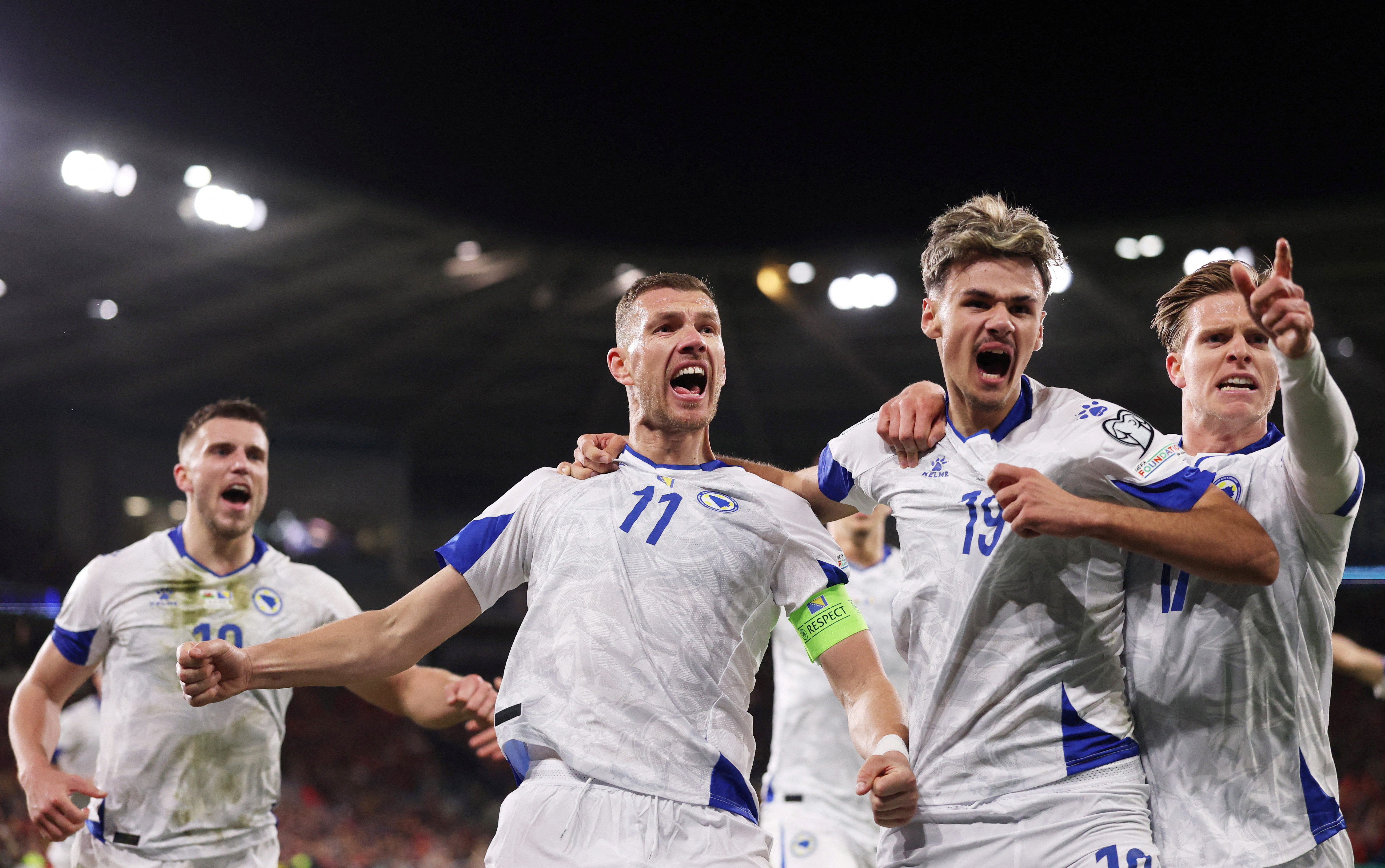 Soccer Football - FIFA World Cup - UEFA Qualifiers - Semi Final - Wales v Bosnia and Herzegovina - Cardiff City Stadium, Cardiff, Wales, Britain - March 26, 2026 Bosnia and Herzegovina's Edin Dzeko celebrates scoring their first goal with teammates REUTER