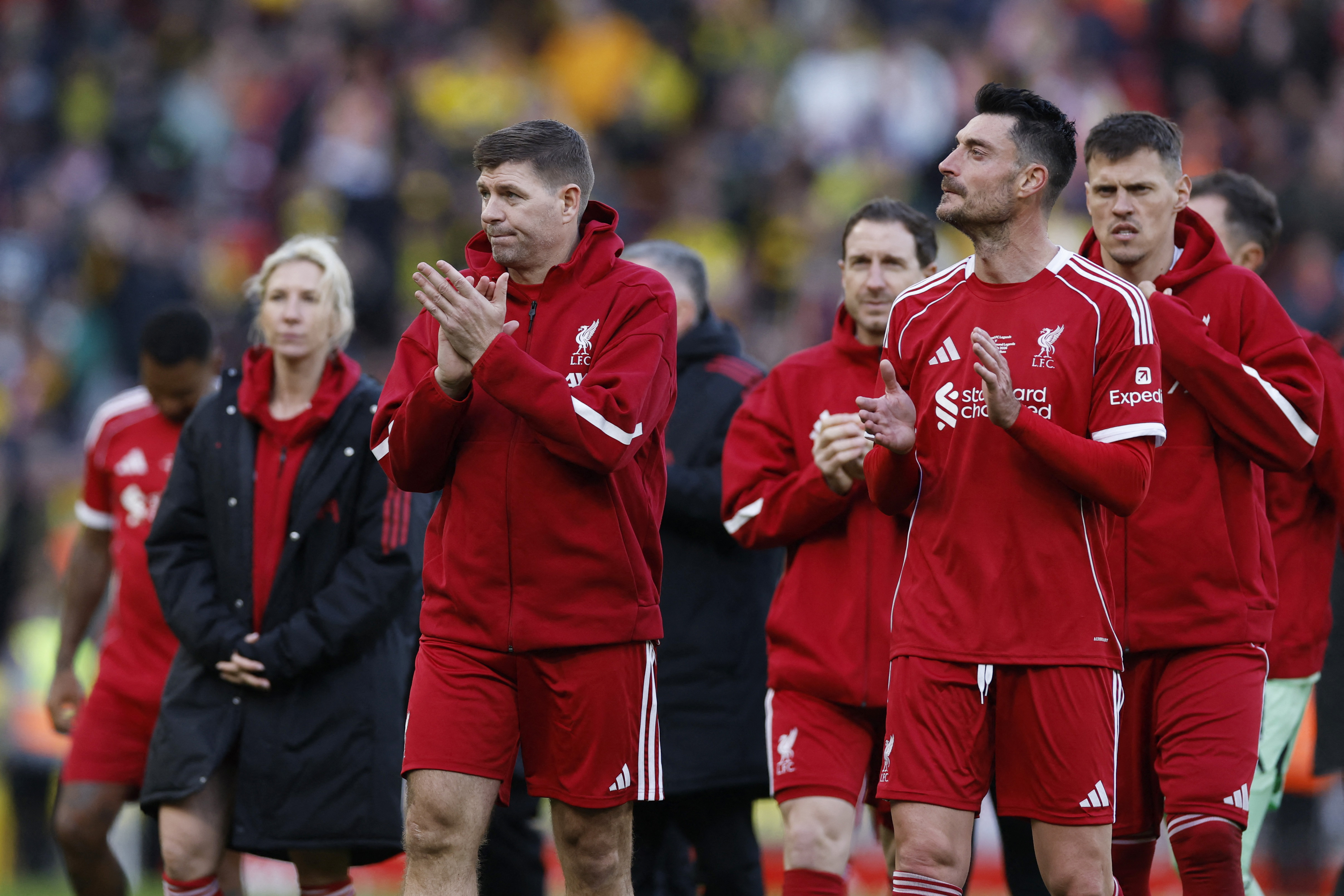 Soccer Football - Friendly Match - Liverpool Legends v Borussia Dortmund Legends - Anfield, Liverpool, Britain - March 28, 2026 Liverpool Legends' Steven Gerrard applauds fans after the match Action Images via Reuters/Jason Cairnduff