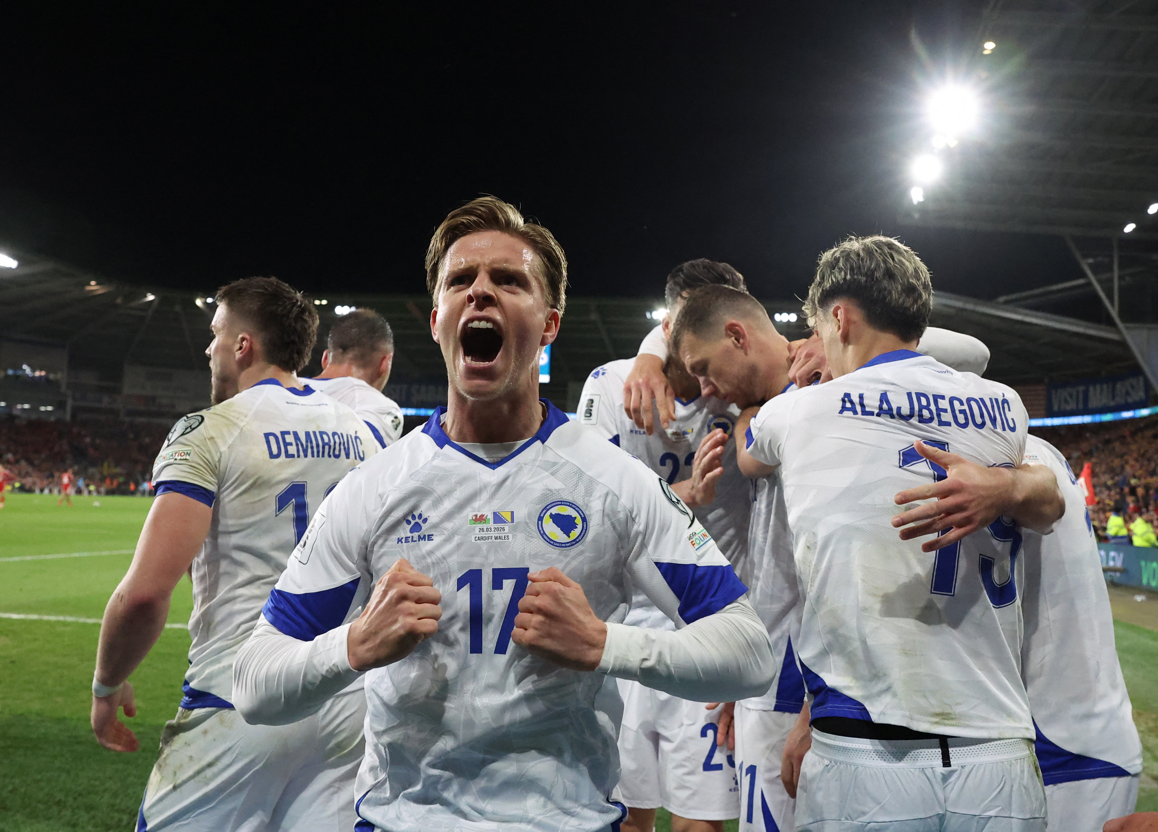 Soccer Football - FIFA World Cup - UEFA Qualifiers - Semi Final - Wales v Bosnia and Herzegovina - Cardiff City Stadium, Cardiff, Wales, Britain - March 26, 2026 Bosnia and Herzegovina's Dzenis Burnic celebrates after Edin Dzeko scores their first goal RE