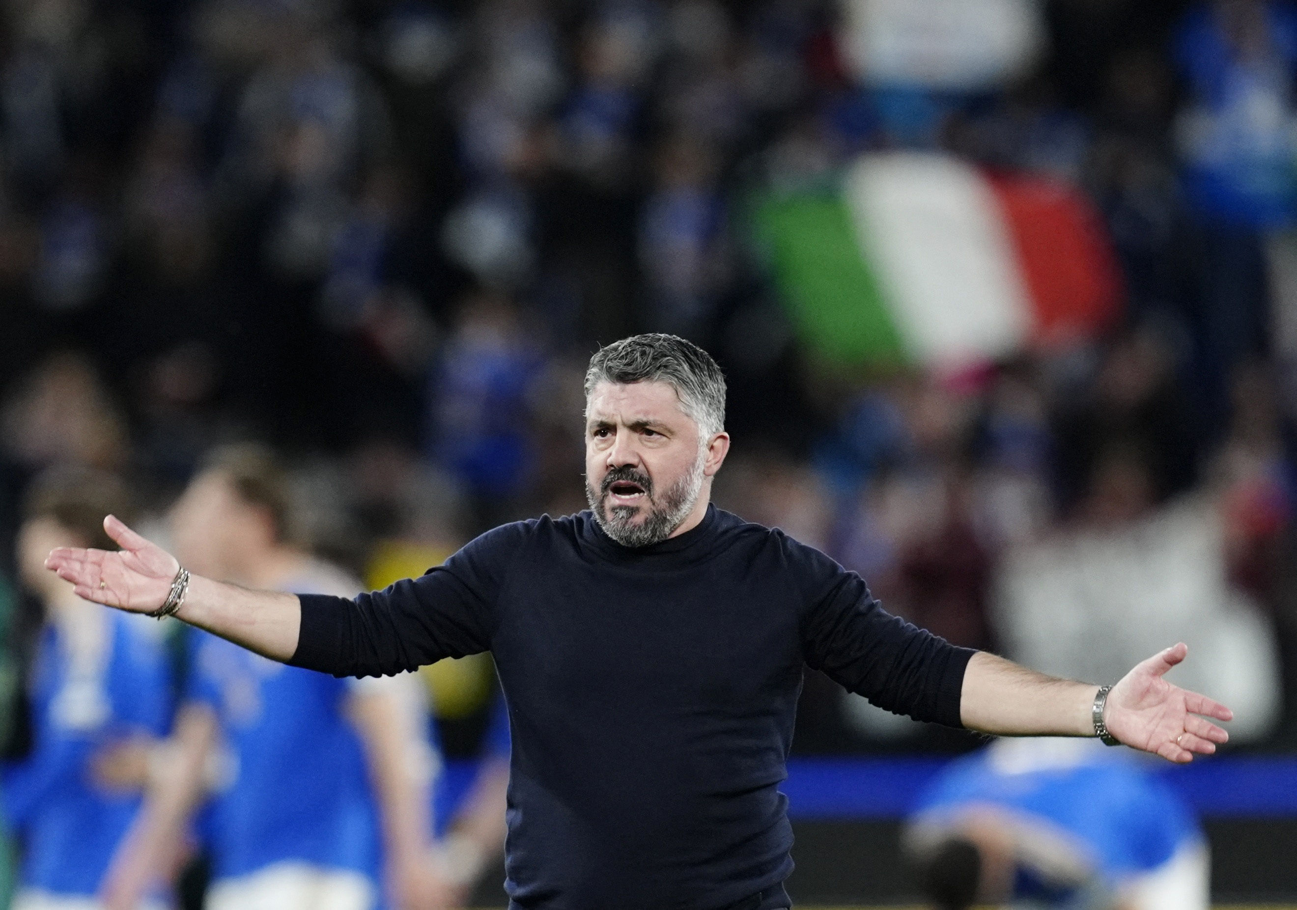 Soccer Football - FIFA World Cup - UEFA Qualifiers - Italy v Northern Ireland - New Balance Arena, Bergamo, Italy - March 26, 2026 Italy coach Gennaro Gattuso celebrates after the match REUTERS/Matteo Ciambelli