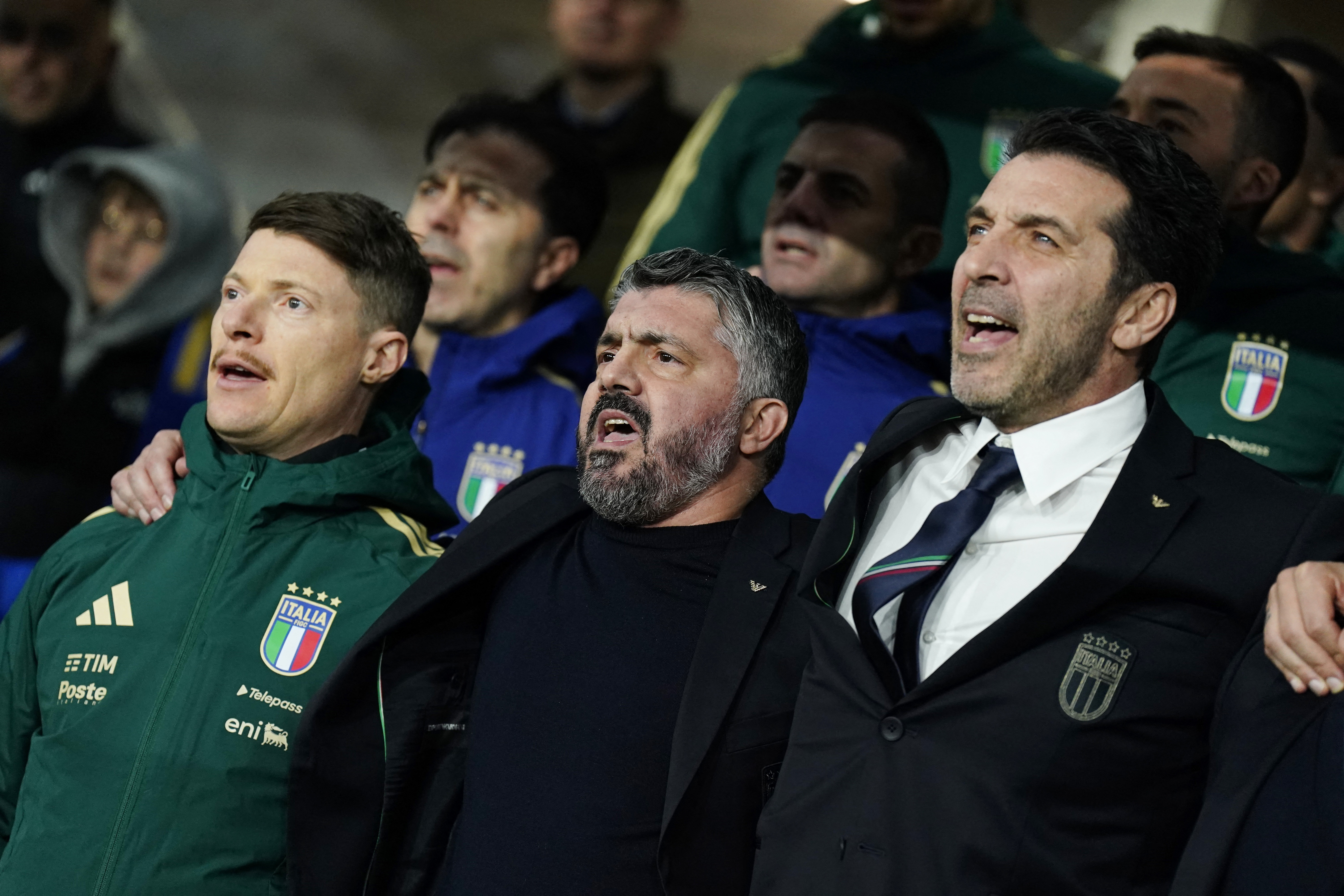 Soccer Football - FIFA World Cup - UEFA Qualifiers - Italy v Northern Ireland - New Balance Arena, Bergamo, Italy - March 26, 2026 Italy coach Gennaro Gattuso and head of delegation Gianluigi Buffon sing the national anthem before the start of the match R