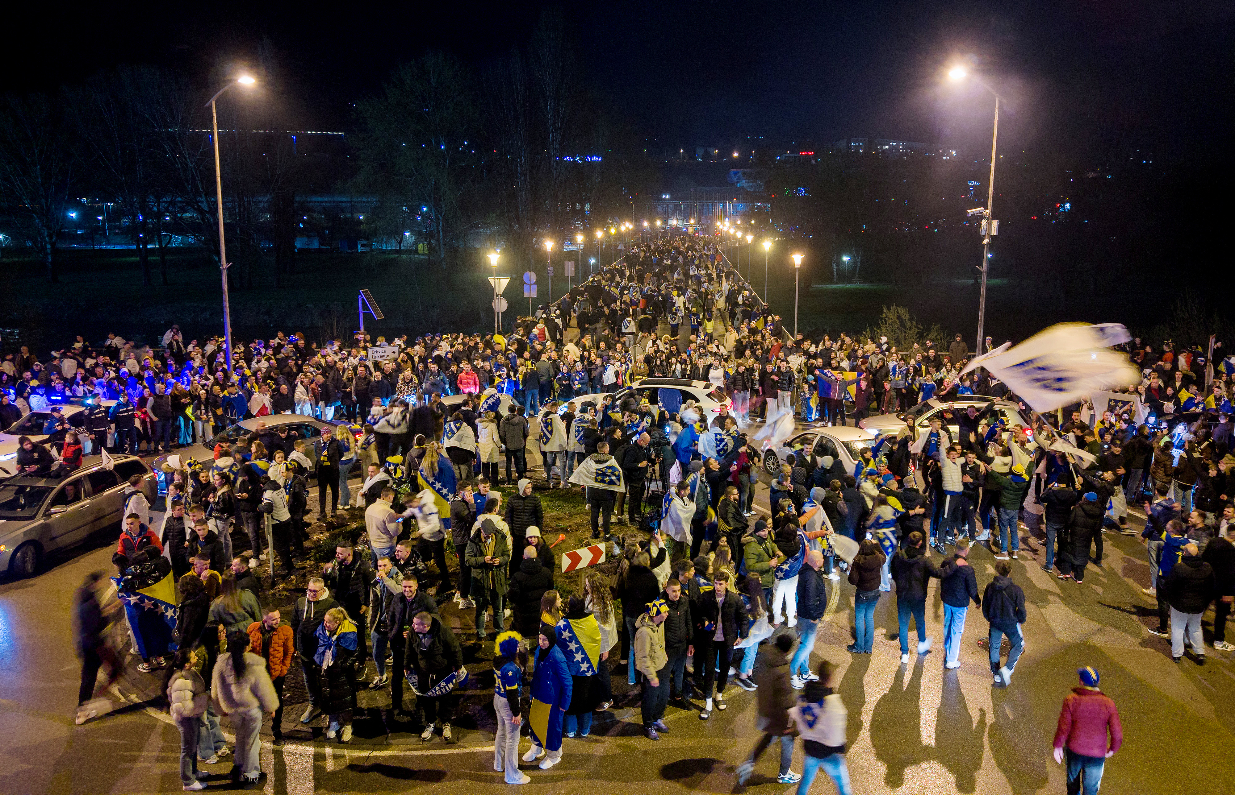 Soccer Football - FIFA World Cup - UEFA Qualifiers - Finals - Bosnia and Herzegovina v Italy - Zenica, Bosnia and Herzegovina - April 1, 2026 A drone view of Bosnia and Herzegovina fans celebrating qualifying for the FIFA World Cup outside the stadium aft