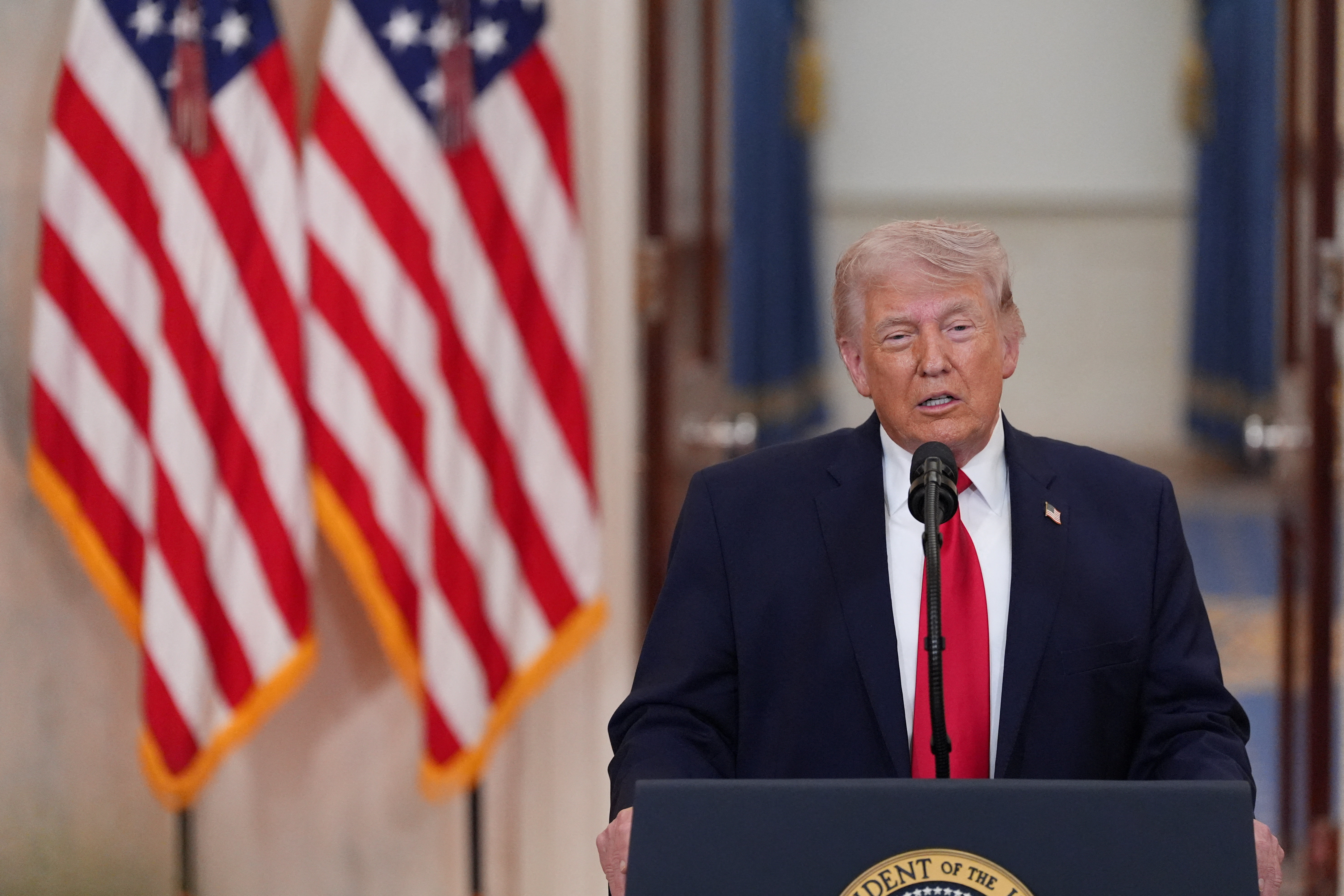 U.S. President Donald Trump delivers an address to the nation about the Iran war at the White House in Washington, D.C., U.S. April 1, 2026. Alex Brandon/Pool via REUTERS
