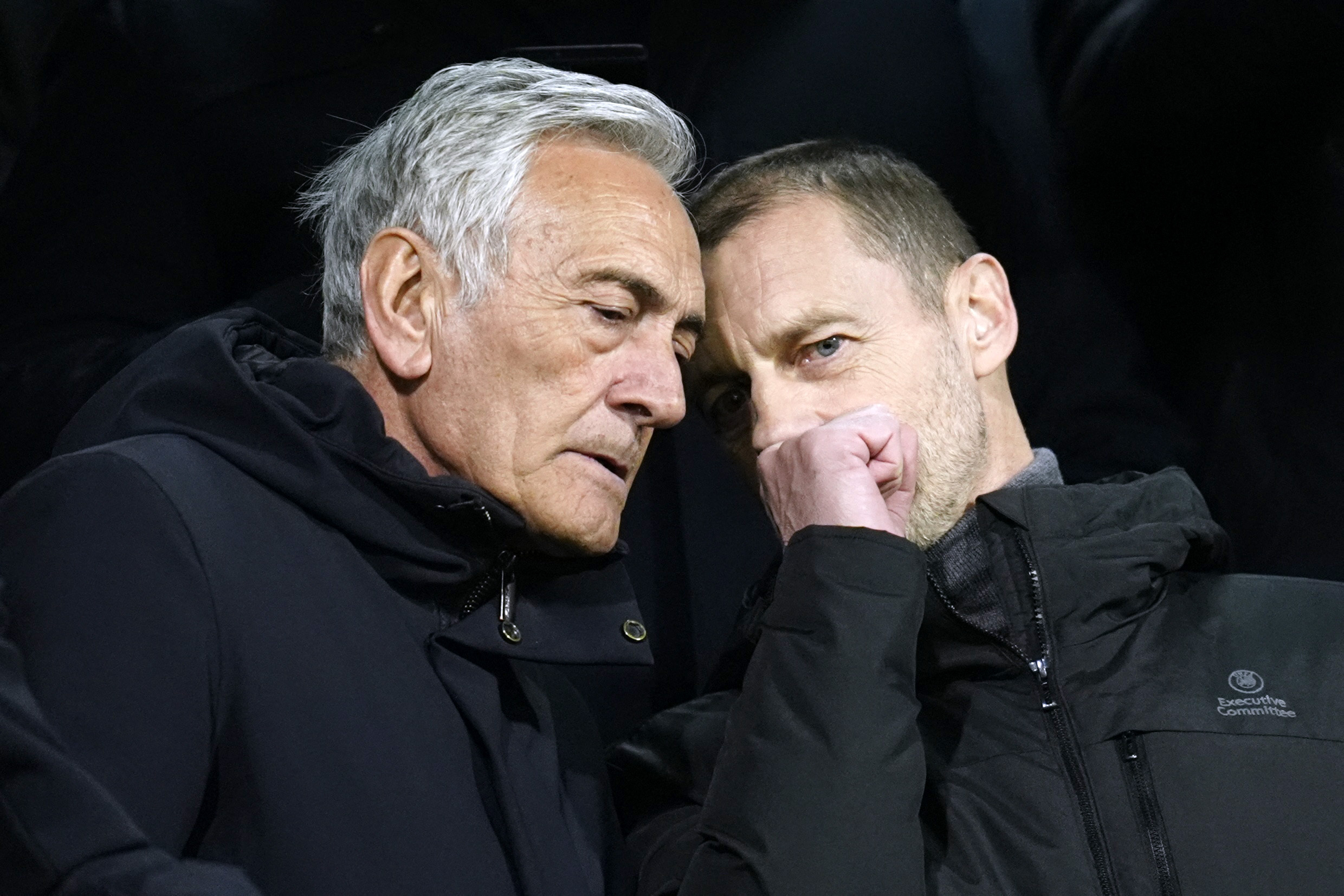 Soccer Football - FIFA World Cup - UEFA Qualifiers - Finals - Bosnia and Herzegovina v Italy - Bilino Polje Stadium, Zenica, Bosnia and Herzegovina - March 31, 2026 UEFA vice-president Gabriele Gravina and UEFA president Aleksander Ceferin in the stands b