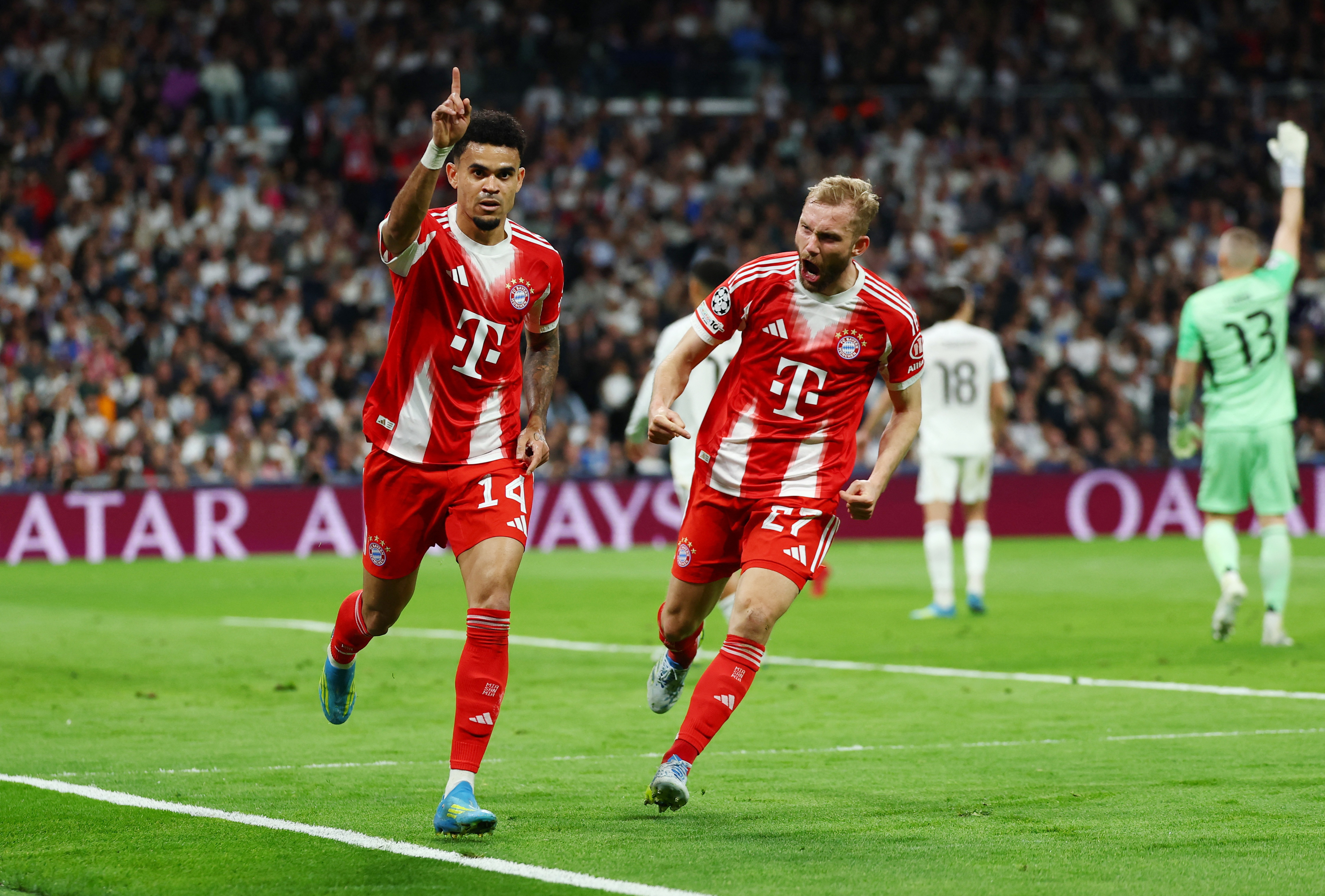 Soccer Football - UEFA Champions League - Quarter Final - First Leg - Real Madrid v Bayern Munich - Santiago Bernabeu, Madrid, Spain - April 7, 2026 Bayern Munich's Luis Diaz celebrates scoring their first goal REUTERS/Gonzalo Fuentes