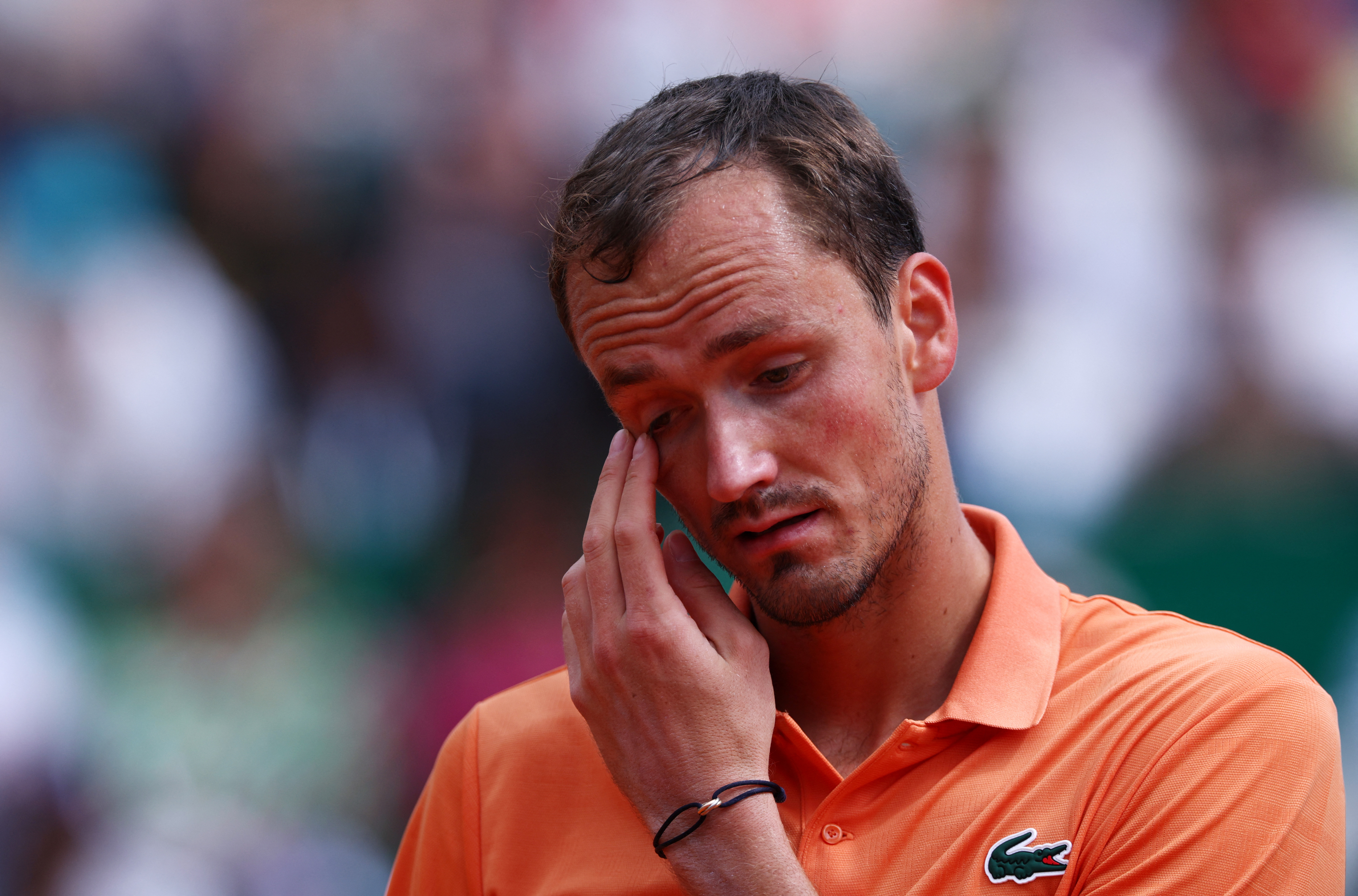 Tennis - ATP Masters 1000 - Monte Carlo Masters - Monte Carlo Country Club, Roquebrune-Cap-Martin, France - April 8, 2026 Russia's Daniil Medvedev reacts during his round of 32 match against Italy's Matteo Berrettini REUTERS/Manon Cruz