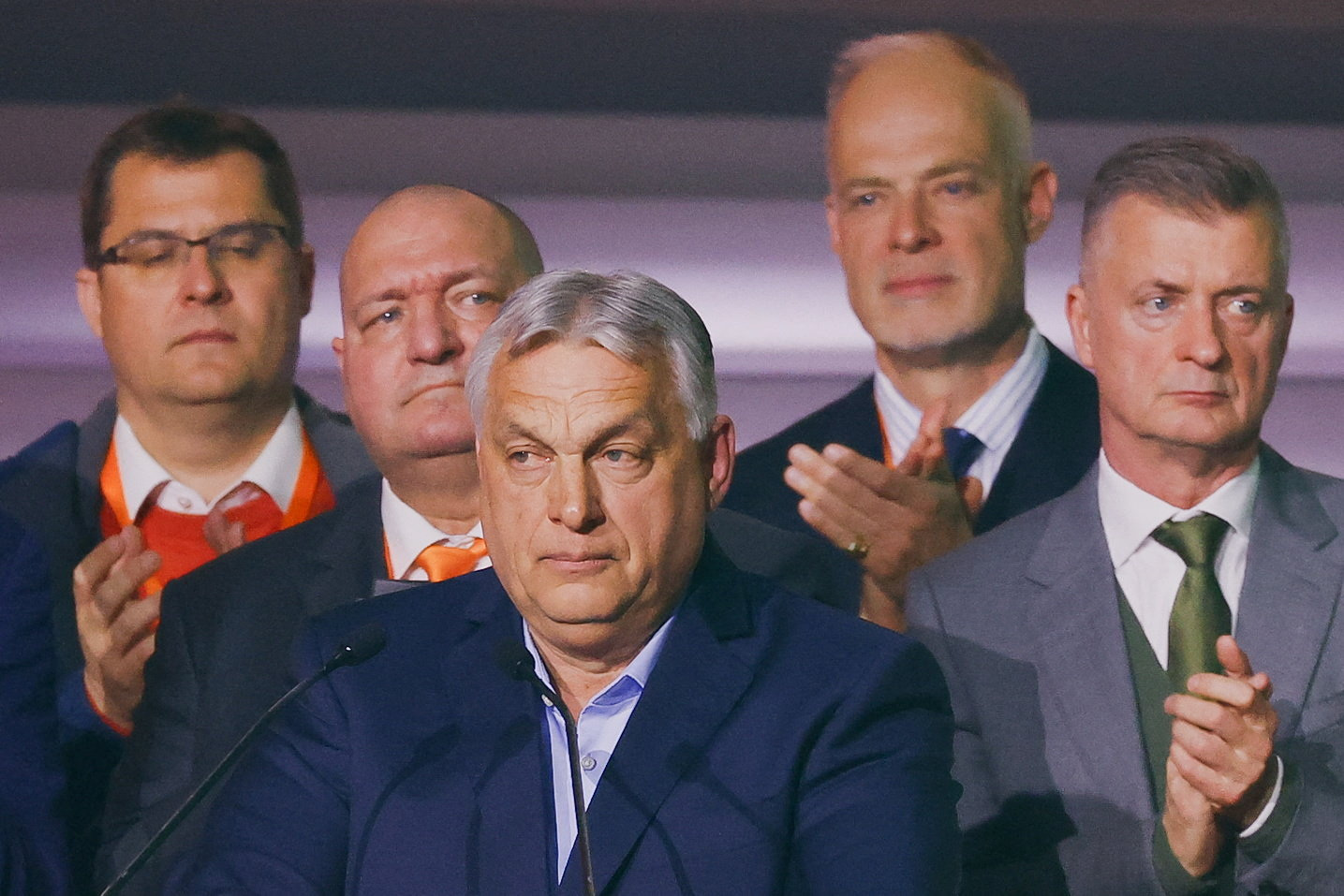 Hungarian Prime Minister Viktor Orban looks on as he addresses supporters after the announcement of the partial results of parliamentary election in Budapest, Hungary, April 12, 2026. REUTERS/Bernadett Szabo