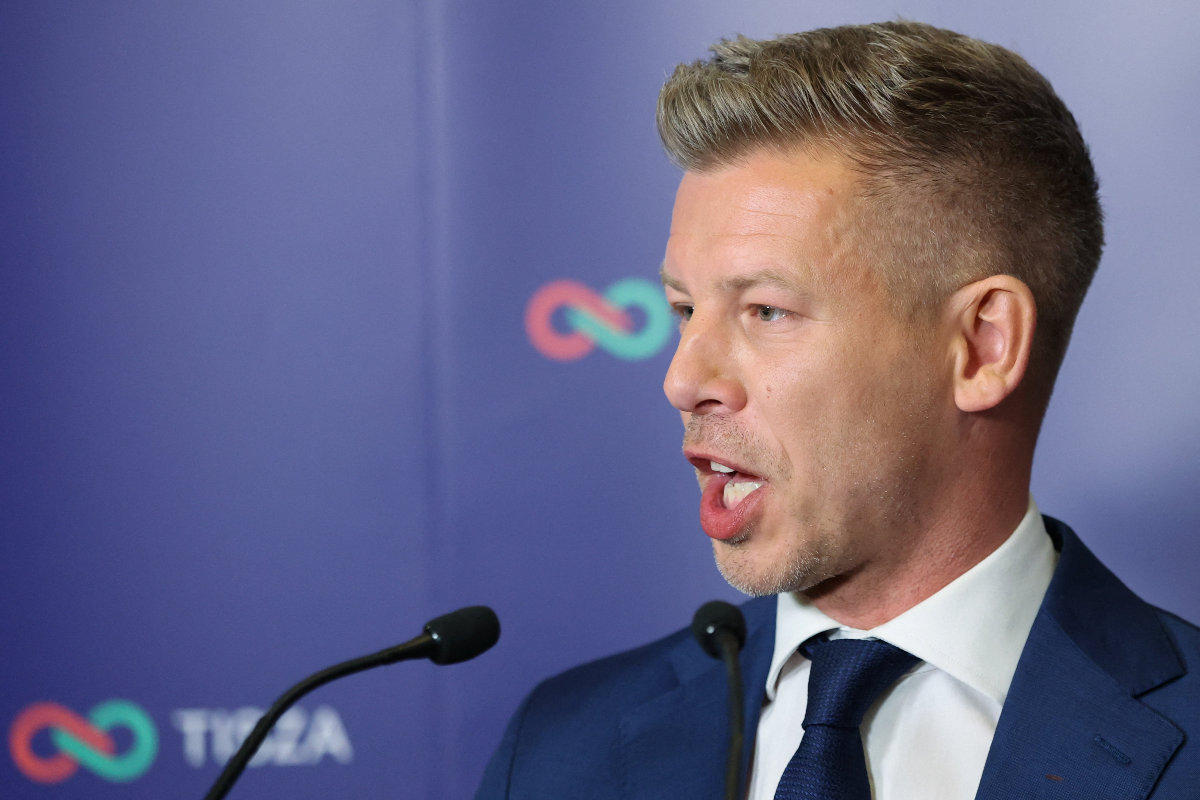 Peter Magyar, leader of the opposition Tisza speaks during a press conference, on the day of the parliamentary election, in Budapest, Hungary, April 12, 2026. REUTERS/Leonhard Foeger
