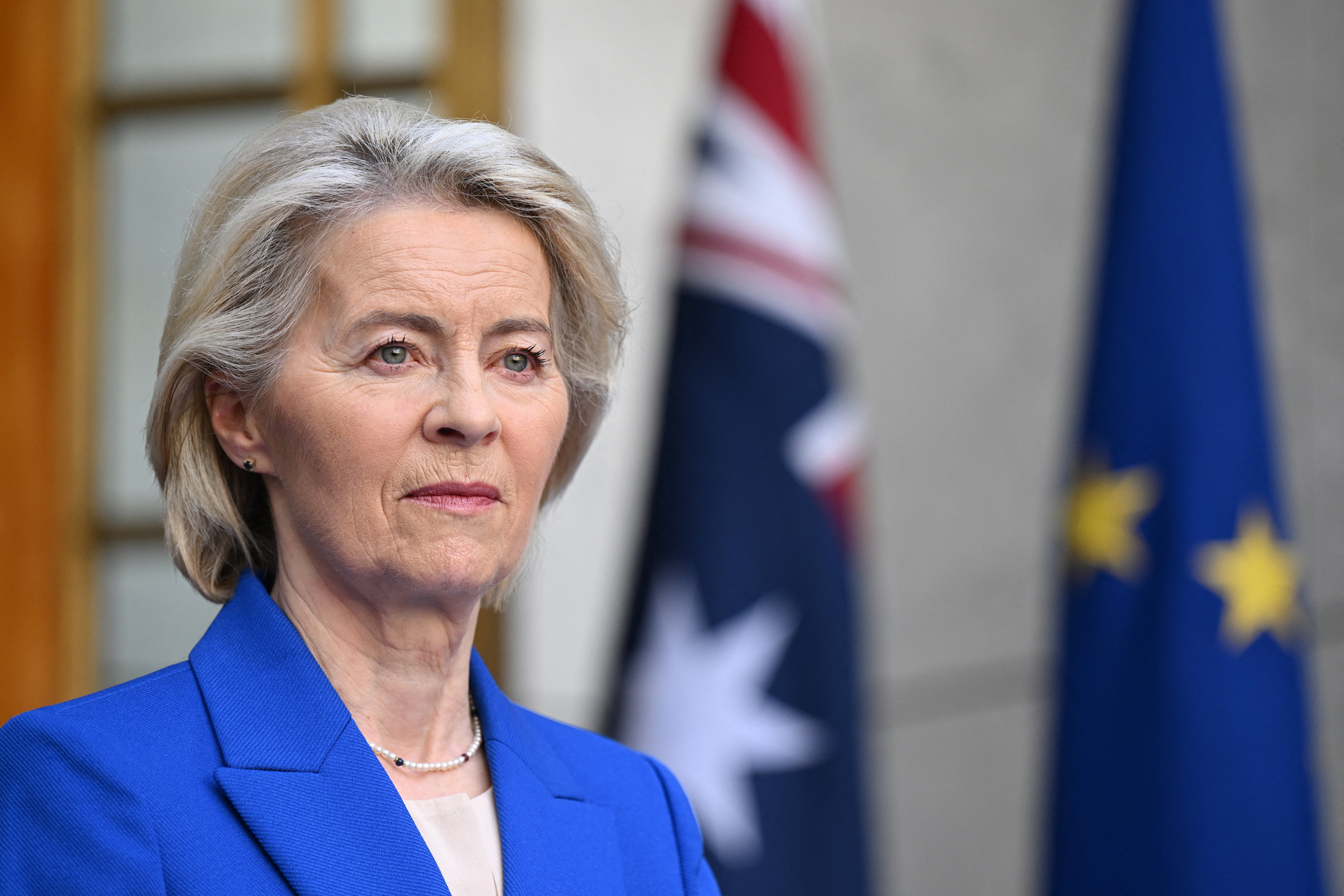 President of the European Commission Ursula von der Leyen reacts during a press conference at Parliament House in Canberra, Australia