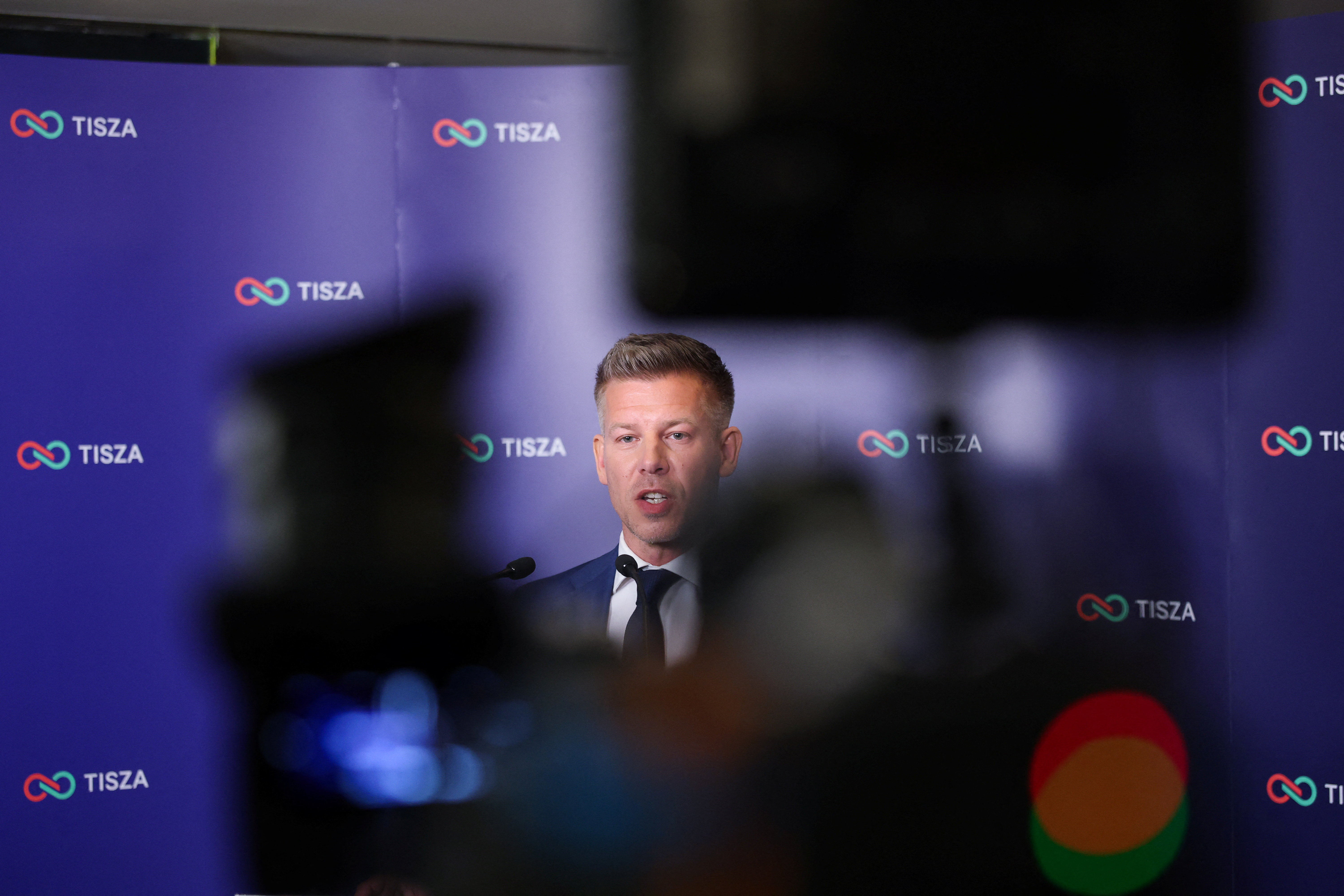 Peter Magyar, leader of the opposition Tisza speaks during a press conference, on the day of the parliamentary election, in Budapest, Hungary, April 12, 2026. REUTERS/Leonhard Foeger