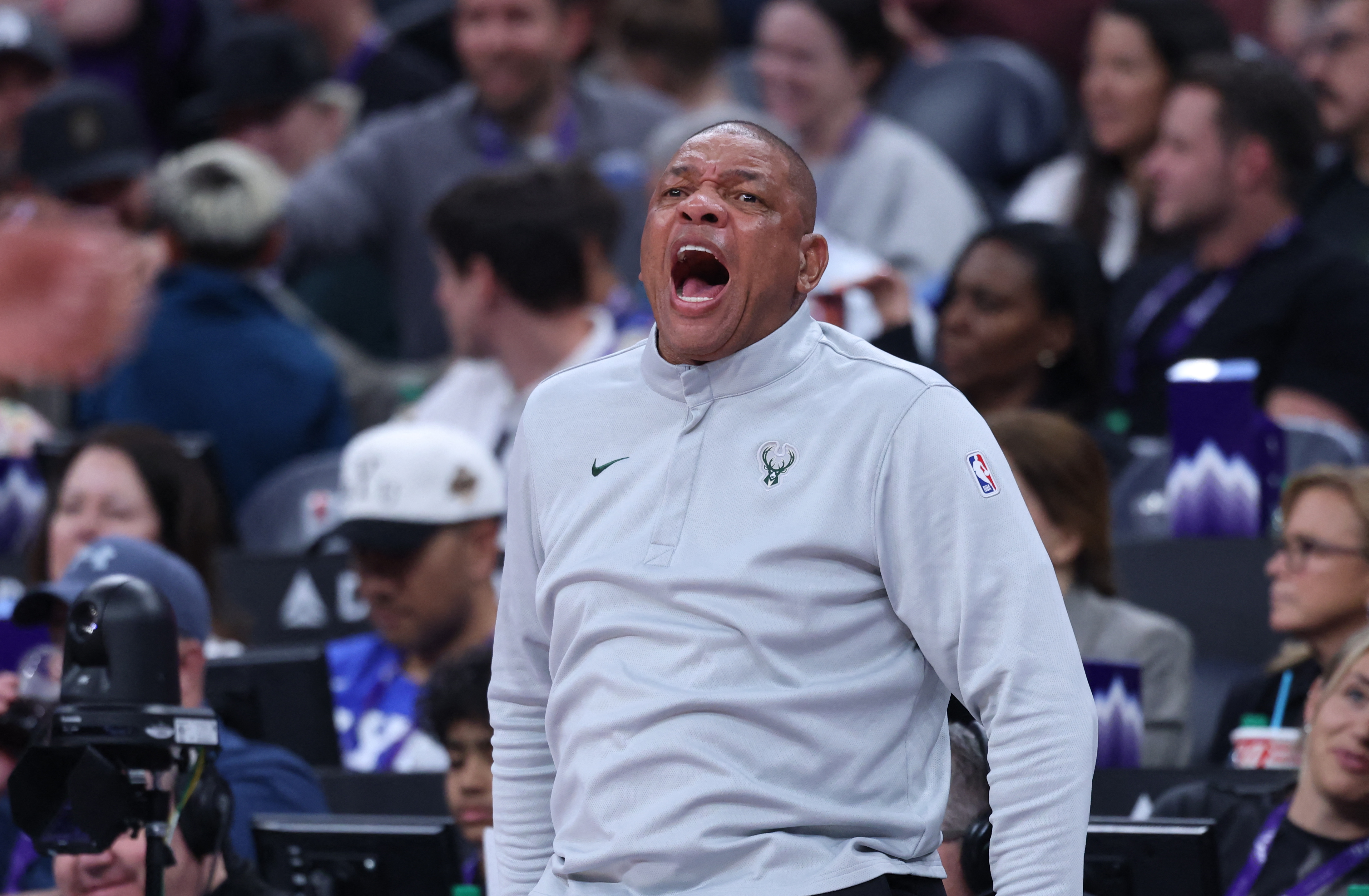 Mar 19, 2026; Salt Lake City, Utah, USA; Milwaukee Bucks head coach Doc Rivers reacts to a play against the Utah Jazz during the first half at Delta Center. Mandatory Credit: Rob Gray-Imagn Images