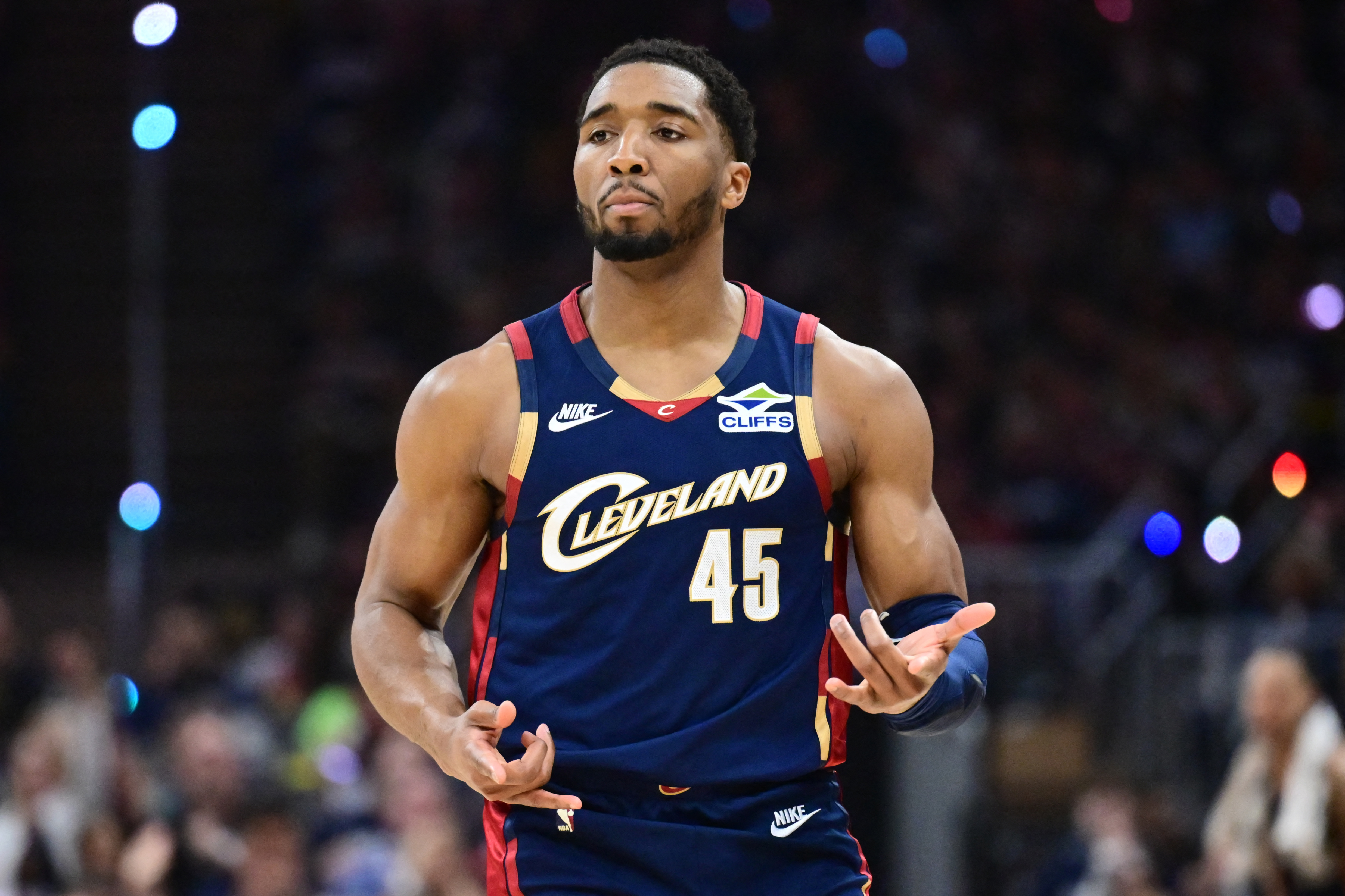 Apr 18, 2026; Cleveland, Ohio, USA; Cleveland Cavaliers guard Donovan Mitchell (45) celebrates after hitting a three point basket against the Toronto Raptors during the first half of game one in the first round of the 2026 NBA Playoffs at Rocket Arena. Ma