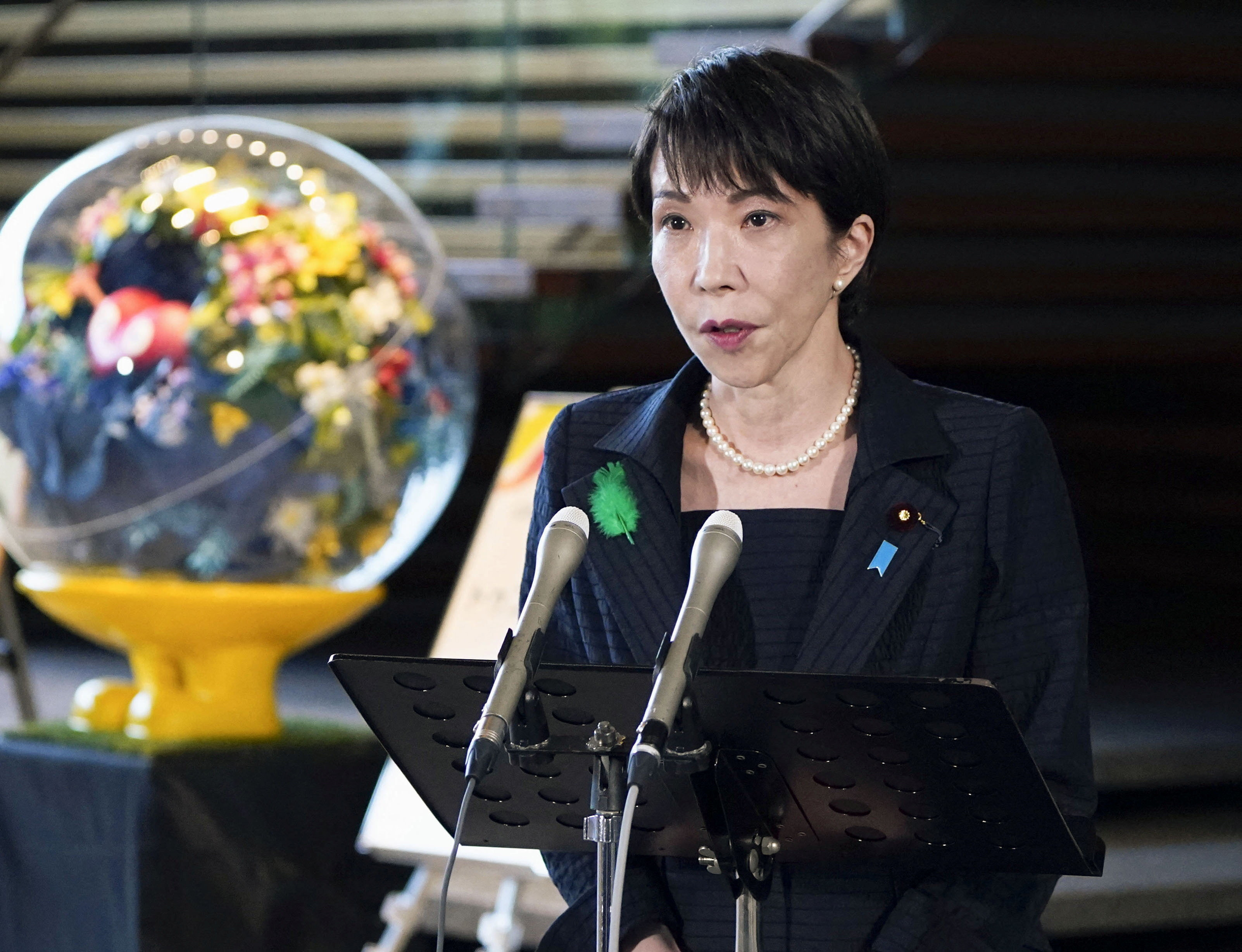 Japan's Prime Minister Sanae Takaichi speaks to m