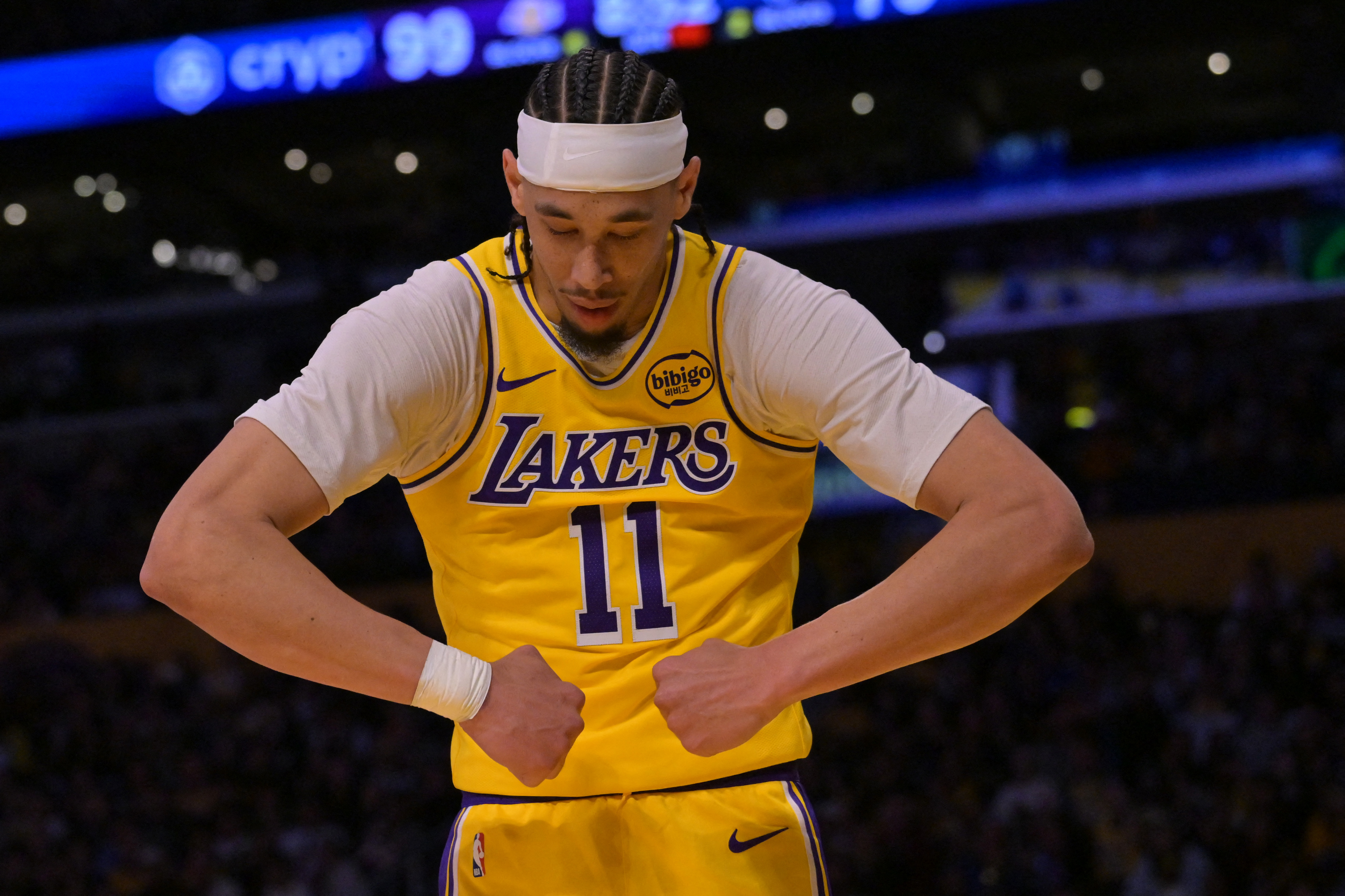 Mar 30, 2026; Los Angeles, California, USA; Los Angeles Lakers center Jaxson Hayes (11) reacts after a basket in the second half against the Washington Wizards at Crypto.com Arena. Mandatory Credit: Jayne Kamin-Oncea-Imagn Images