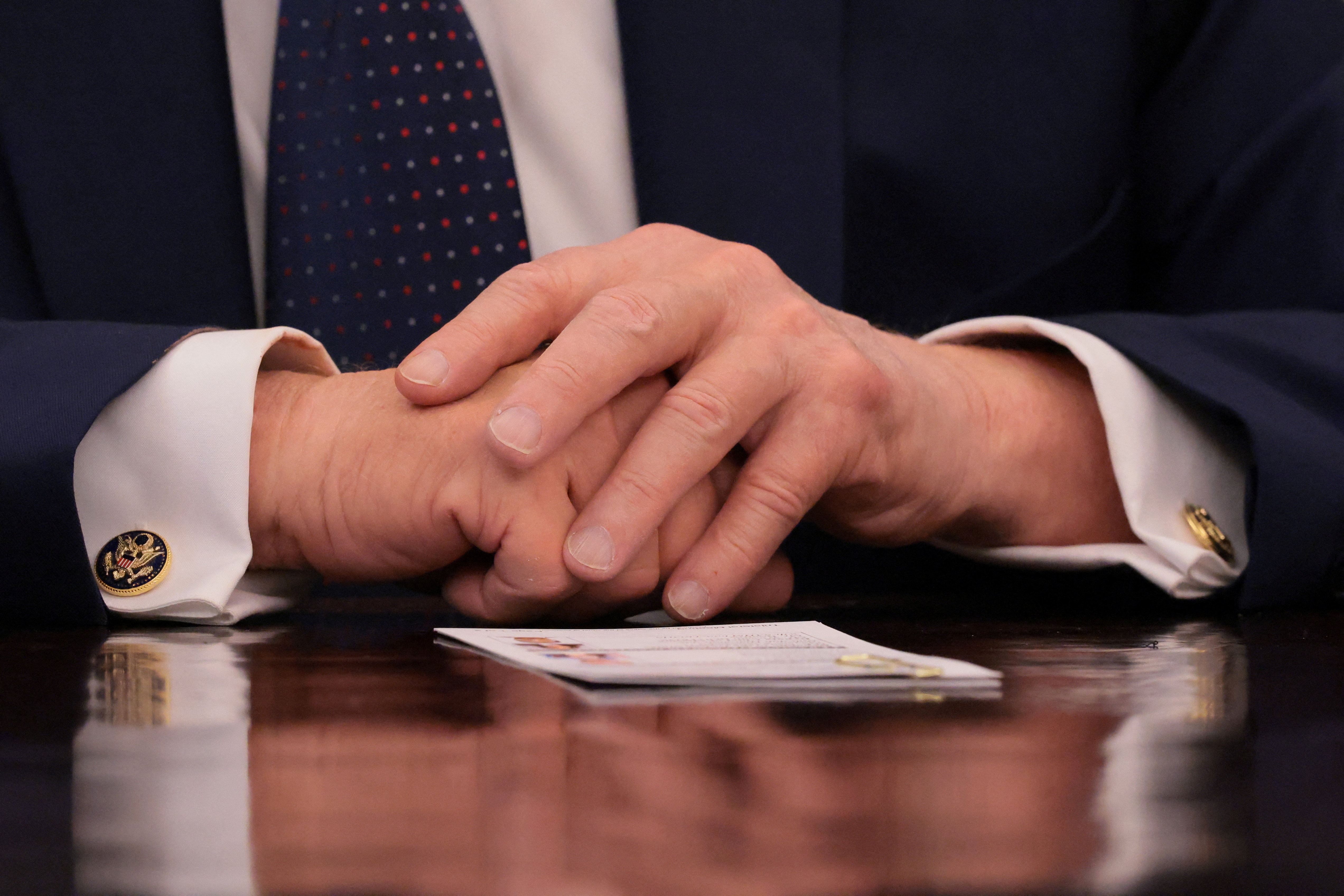 Detail on the hands of U.S. President Donald Trump
