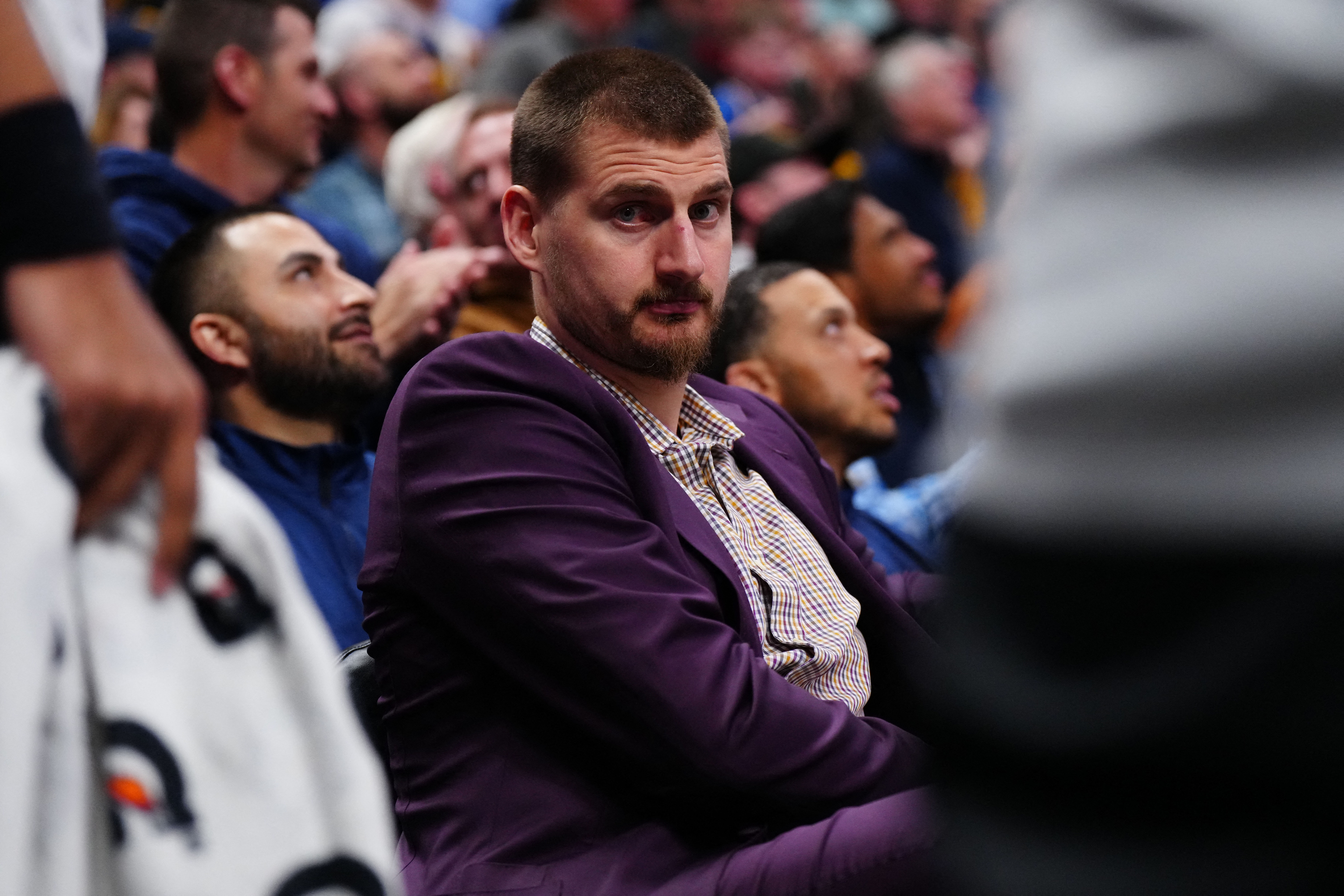 Apr 10, 2026; Denver, Colorado, USA; Denver Nuggets center Nikola Jokic (15) reacts in the fourth quarter against the Oklahoma City Thunder at Ball Arena. Mandatory Credit: Ron Chenoy-Imagn Images