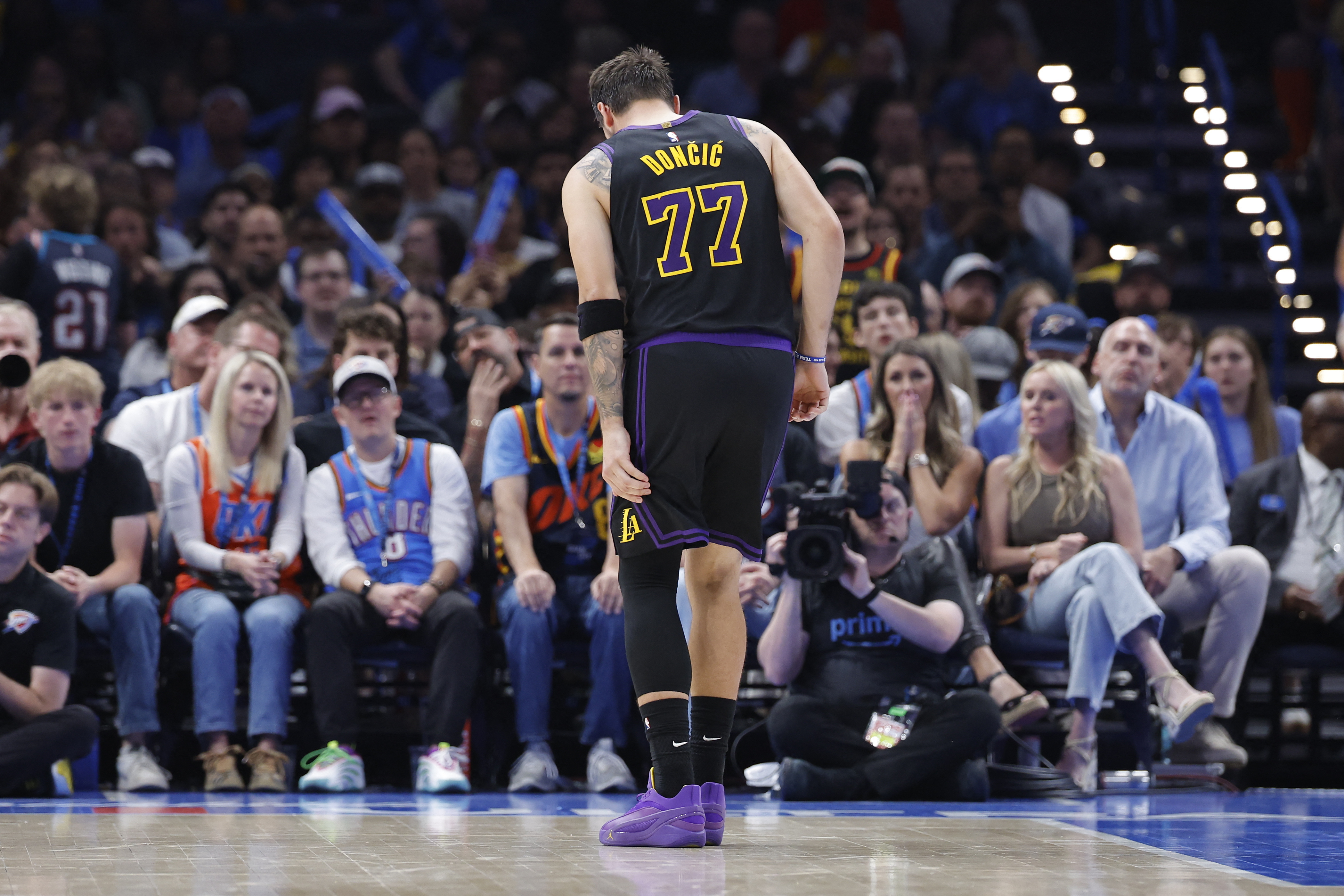 Apr 2, 2026; Oklahoma City, Oklahoma, USA; Los Angeles Lakers guard Luka Doncic (77) hops to the side of the court during a play against the Oklahoma City Thunder during the second half at Paycom Center. Mandatory Credit: Alonzo Adams-Imagn Images