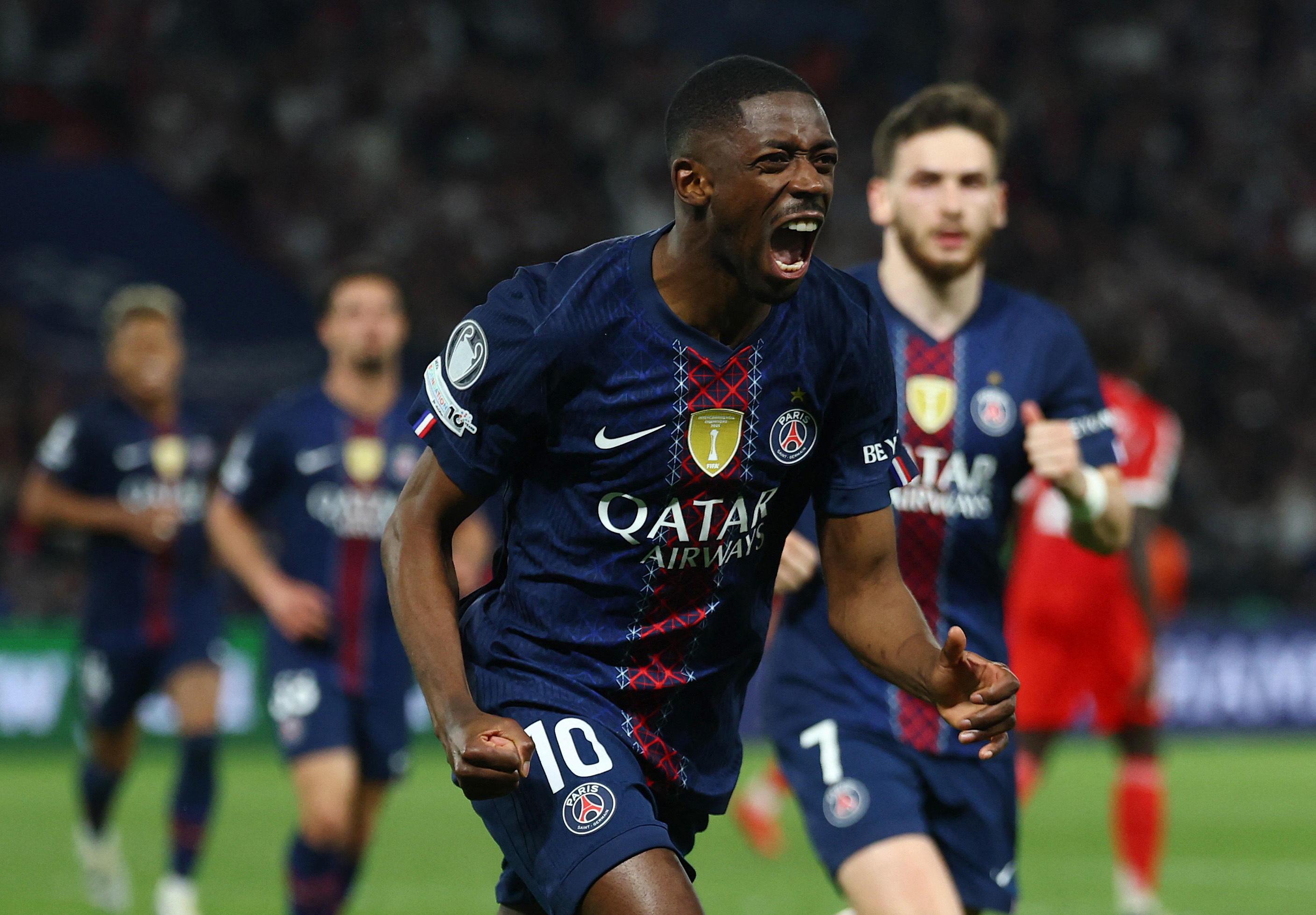 Soccer Football - UEFA Champions League - Semi Final - First Leg - Paris St Germain v Bayern Munich - Parc des Princes, Paris, France - April 28, 2026 Paris St Germain's Ousmane Dembele celebrates scoring their third goal REUTERS/Gonzalo Fuentes