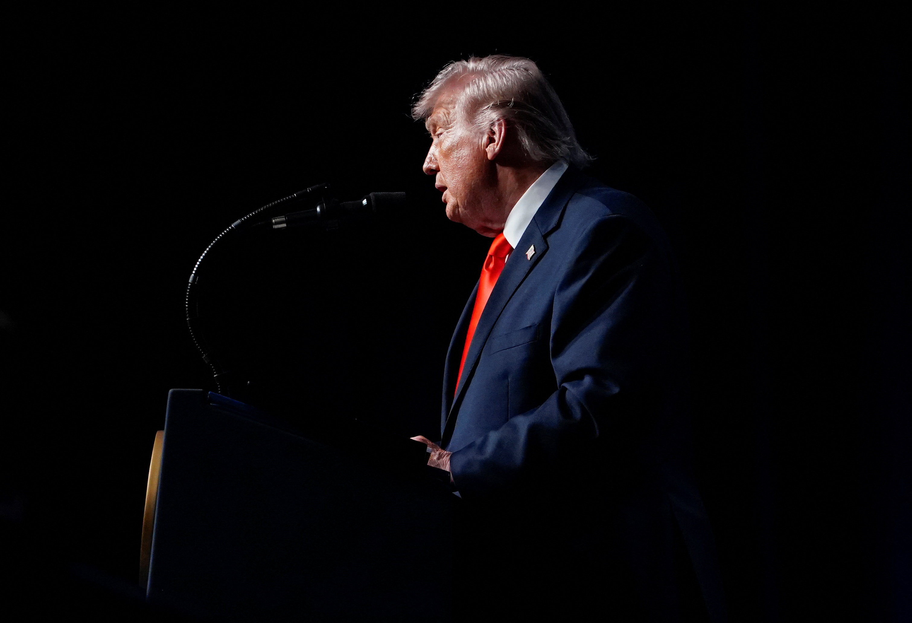 U.S. President Donald Trump speaks during an event at the Raymond F. Kravis Center for the Performing Arts in West Palm Beach, Florida, U.S., May 1, 2026. REUTERS/Nathan Howard