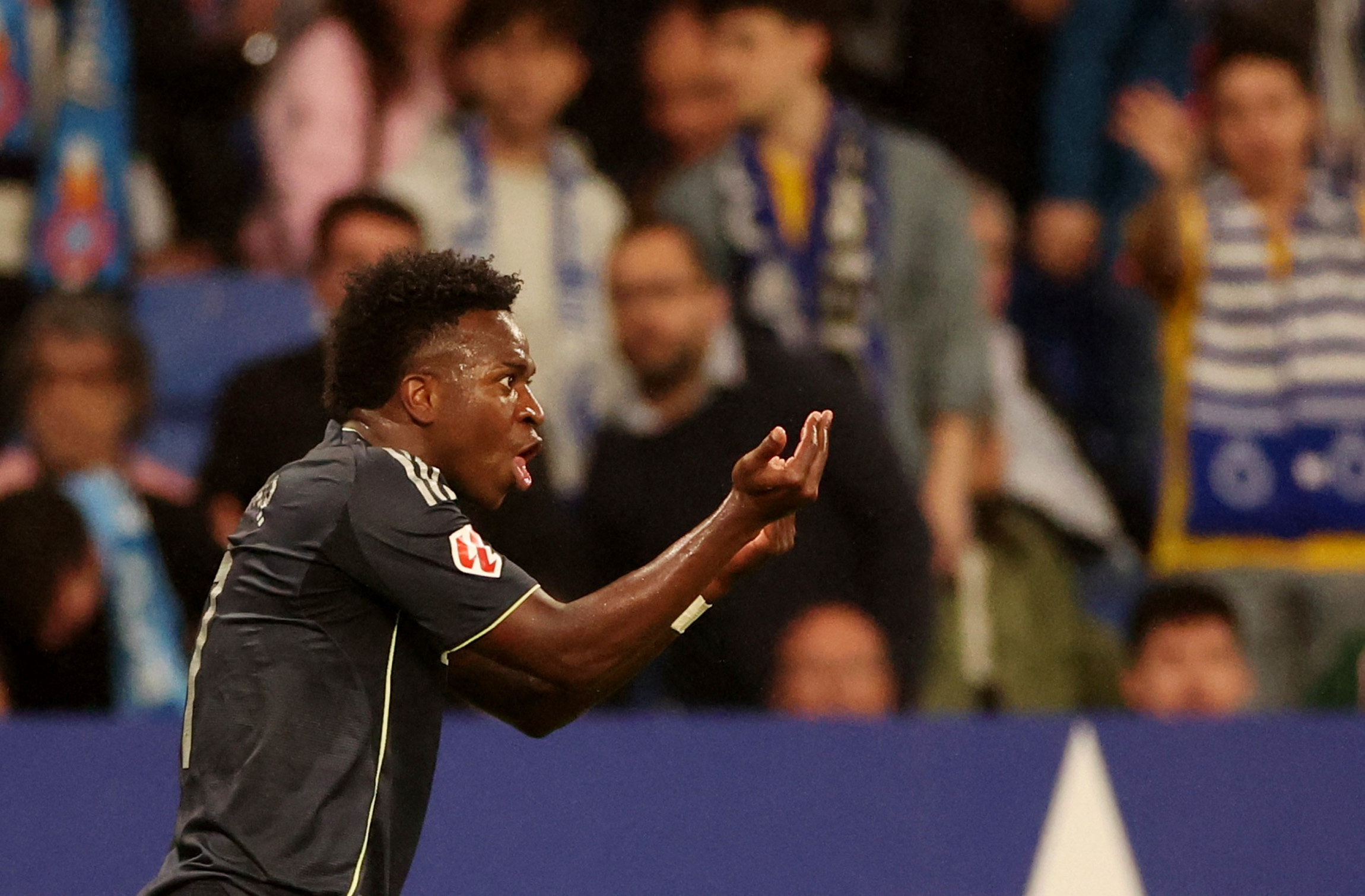 Soccer Football - LaLiga - Espanyol v Real Madrid - RCDE Stadium, Cornella de Llobregat, Spain - May 3, 2026 Real Madrid's Vinicius Junior reacts REUTERS/Bruna Casas