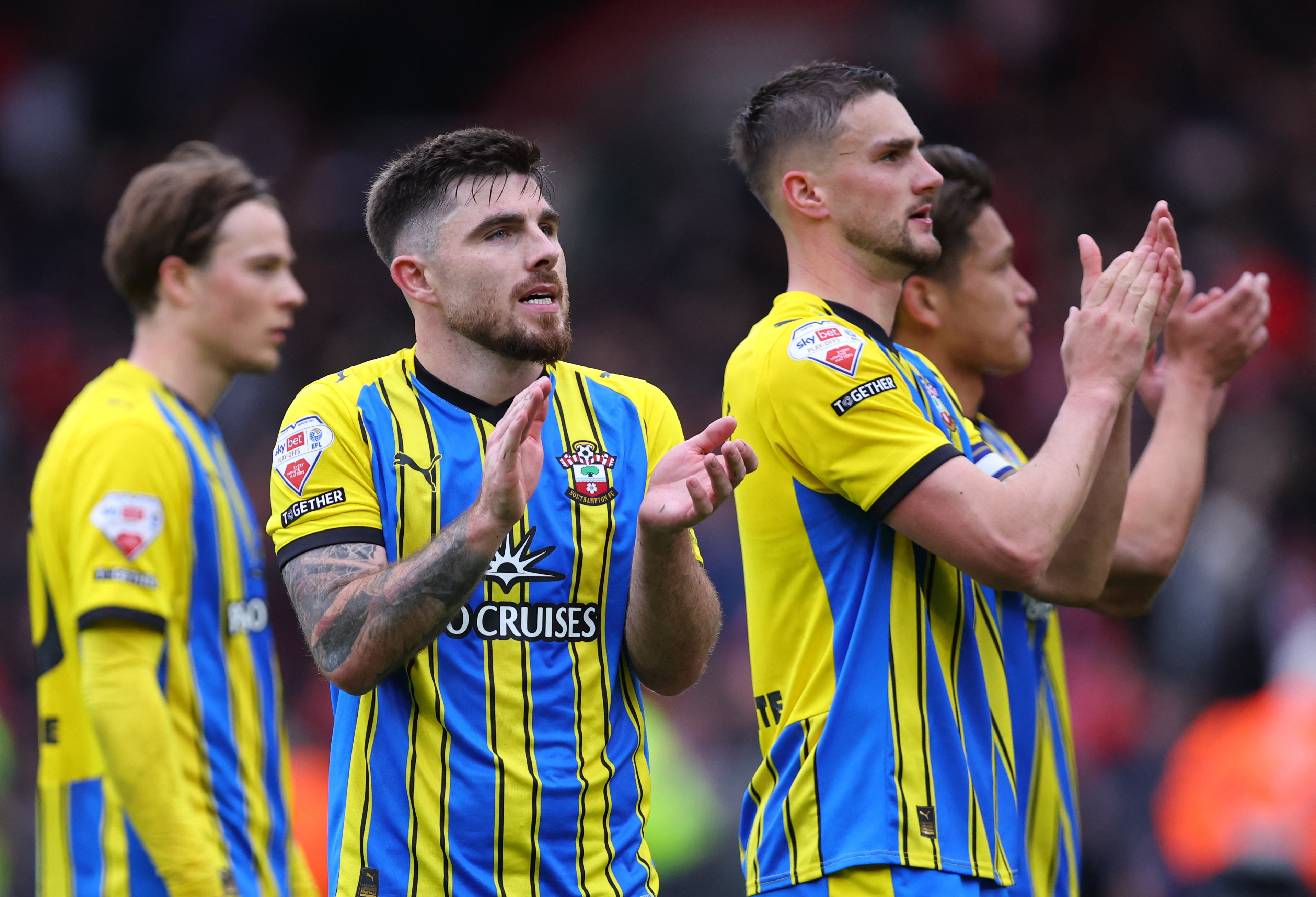 Soccer Football - Championship - Championship - Play Offs - Semi-finals - First Leg - Middlesbrough v Southampton - Riverside Stadium, Middlesbrough, Britain - May 9, 2026 Southampton's Ryan Manning applauds fans after the match Action Images/Craig Brough