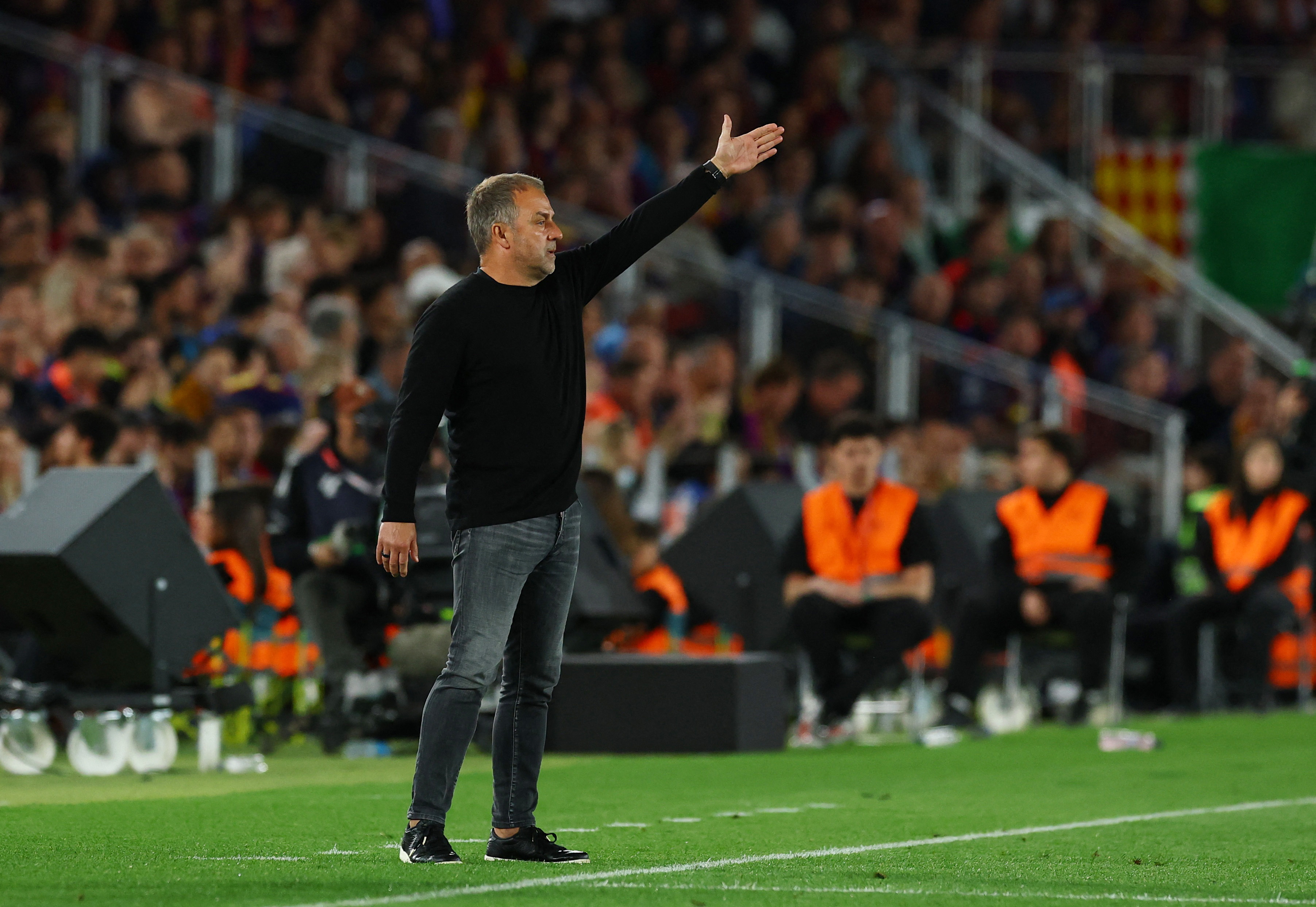 Soccer Football - LaLiga - FC Barcelona v Real Madrid - Spotify Camp Nou, Barcelona, Spain - May 10, 2026 FC Barcelona coach Hansi Flick reacts REUTERS/Albert Gea