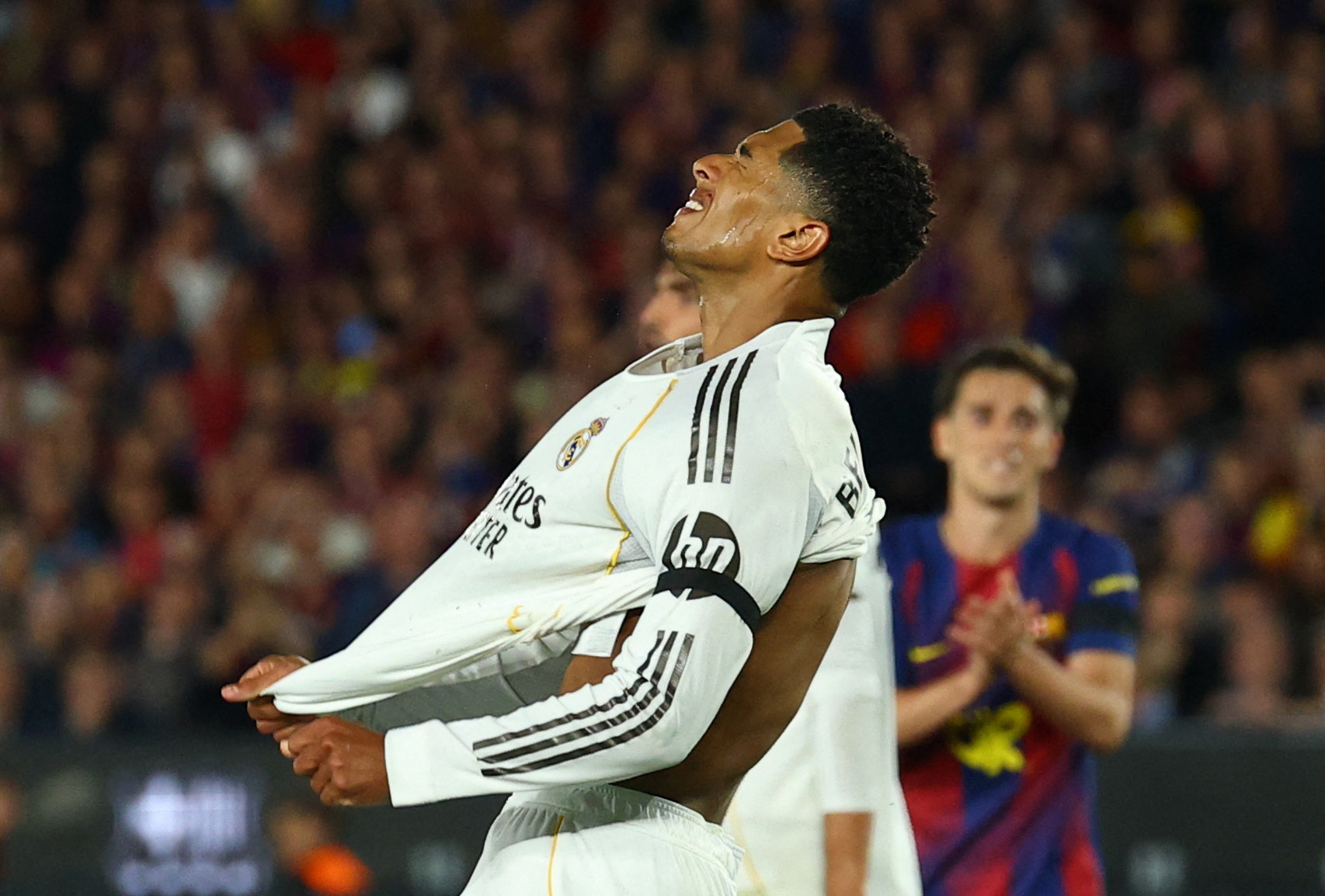 Soccer Football - LaLiga - FC Barcelona v Real Madrid - Spotify Camp Nou, Barcelona, Spain - May 10, 2026 Real Madrid's Jude Bellingham reacts after scoring a goal that was later disallowed REUTERS/Albert Gea