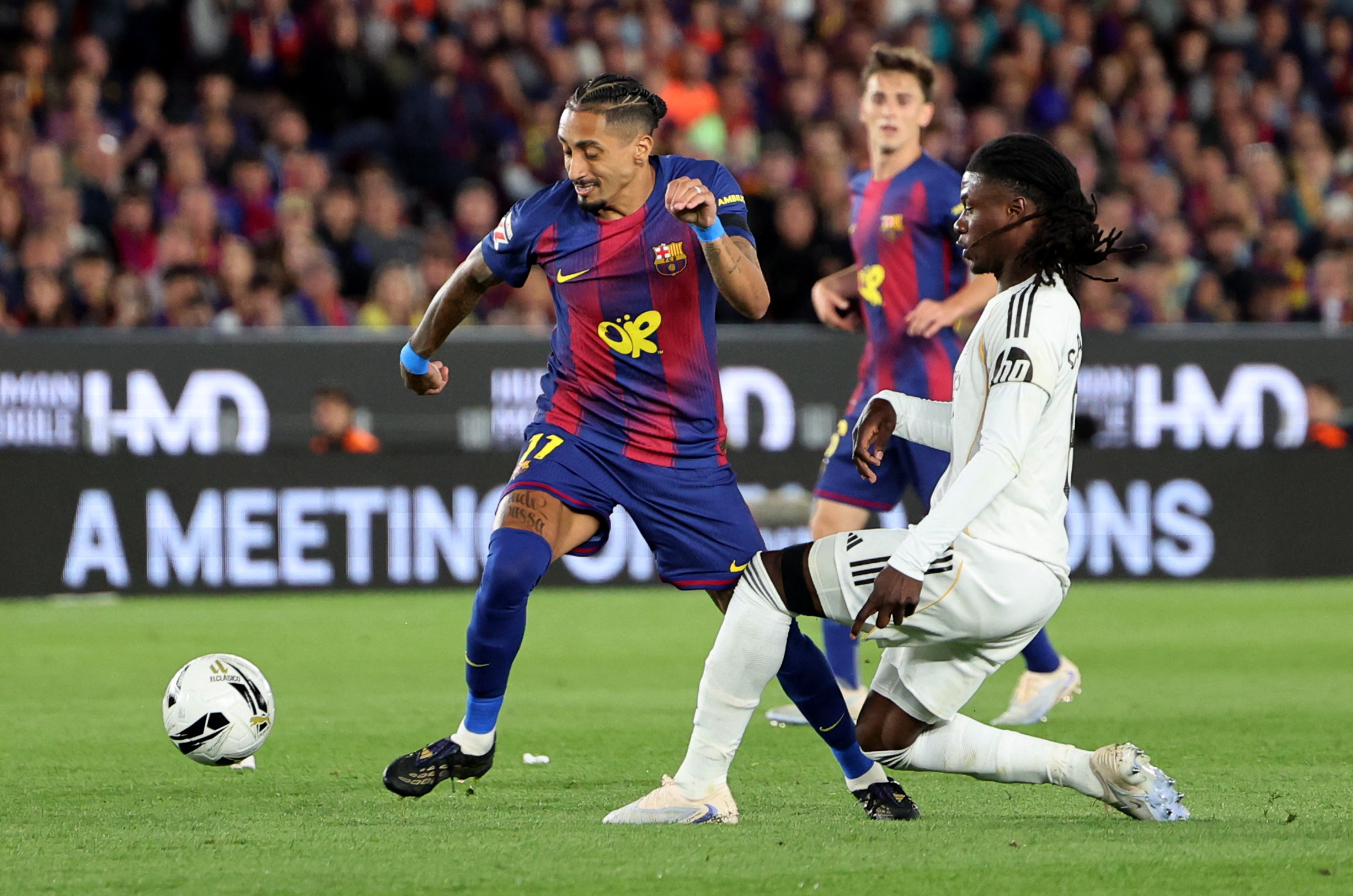Soccer Football - LaLiga - FC Barcelona v Real Madrid - Spotify Camp Nou, Barcelona, Spain - May 10, 2026 FC Barcelona's Raphinha in action with Real Madrid's Eduardo Camavinga REUTERS/Nacho Doce