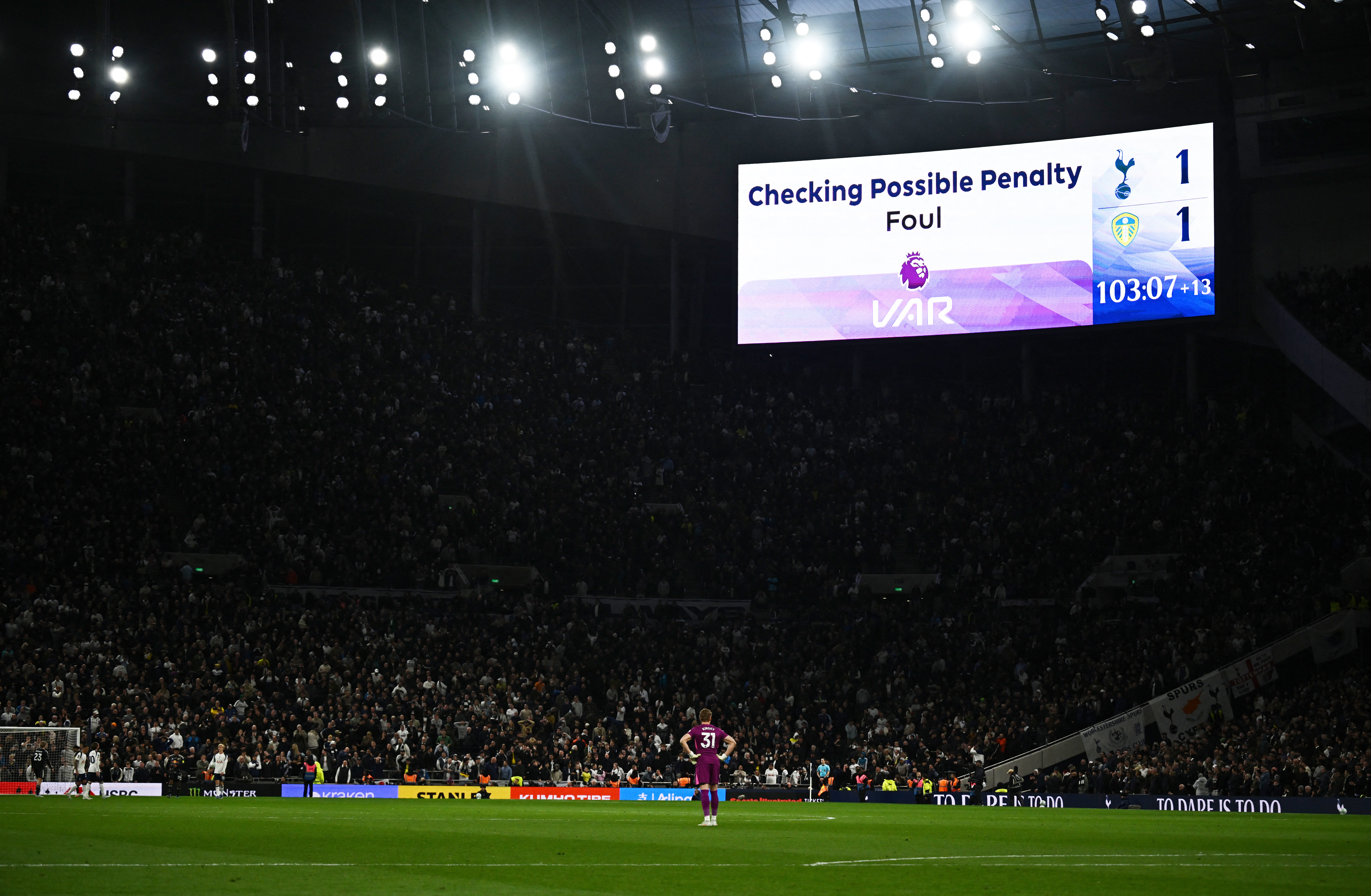 Soccer Football - Premier League - Tottenham Hotspur v Leeds United - Tottenham Hotspur Stadium, London, Britain - May 11, 2026 The big screen displays a VAR review message REUTERS/Dylan Martinez EDITORIAL USE ONLY. NO USE WITH UNAUTHORIZED AUDIO, VIDEO,