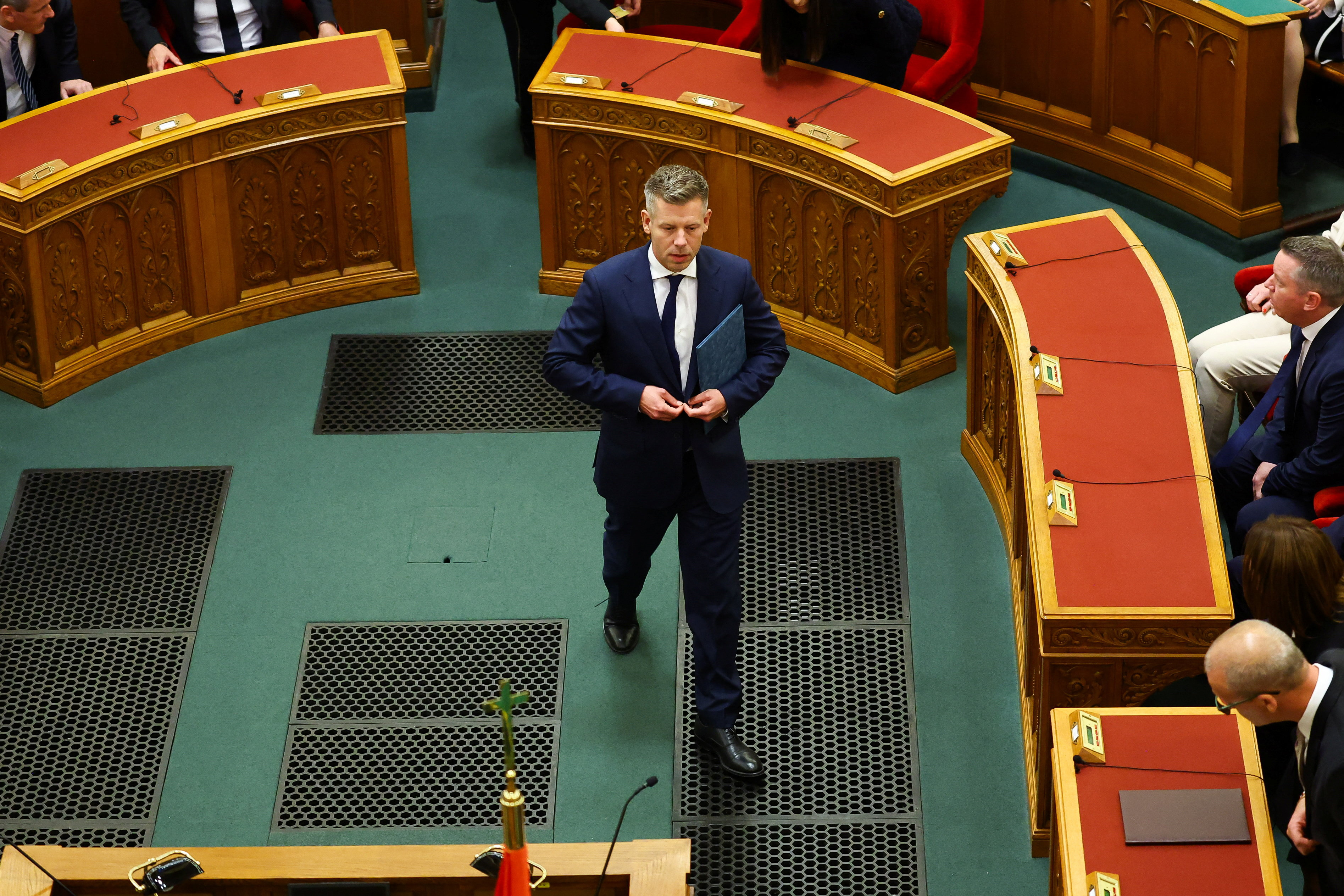 Hungarian Prime Minister Peter Magyar walks to deliver a speech