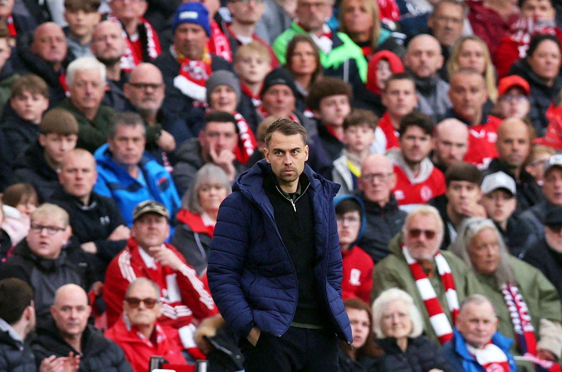 FILE PHOTO: Soccer Football - Championship - Championship - Play Offs - Semi-finals - First Leg - Middlesbrough v Southampton - Riverside Stadium, Middlesbrough, Britain - May 9, 2026 Southampton manager Tonda Eckert reacts Action Images via Reuters/Craig