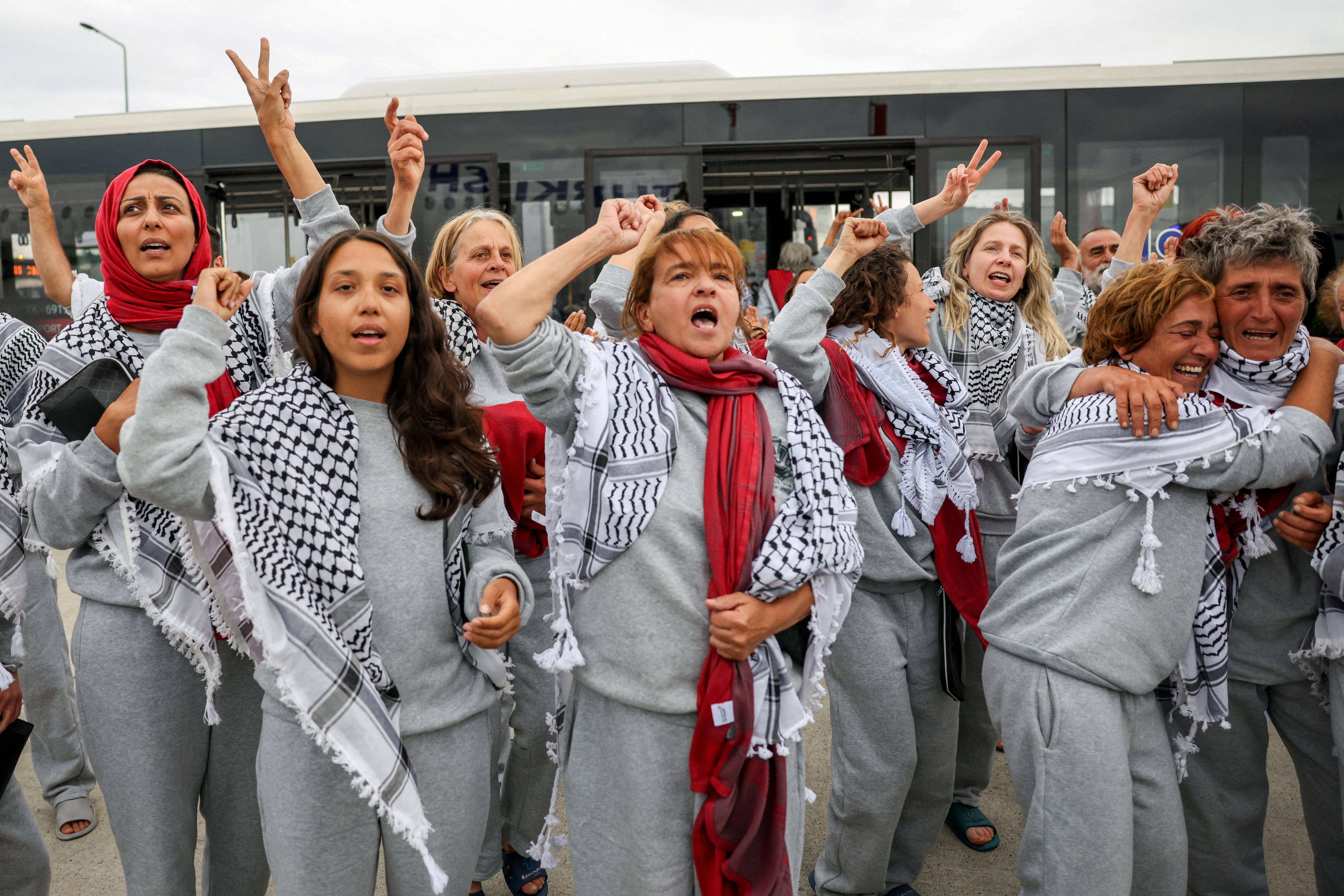 Activists from the Gaza-bound Global Sumud Flotilla, detained by Israeli forces