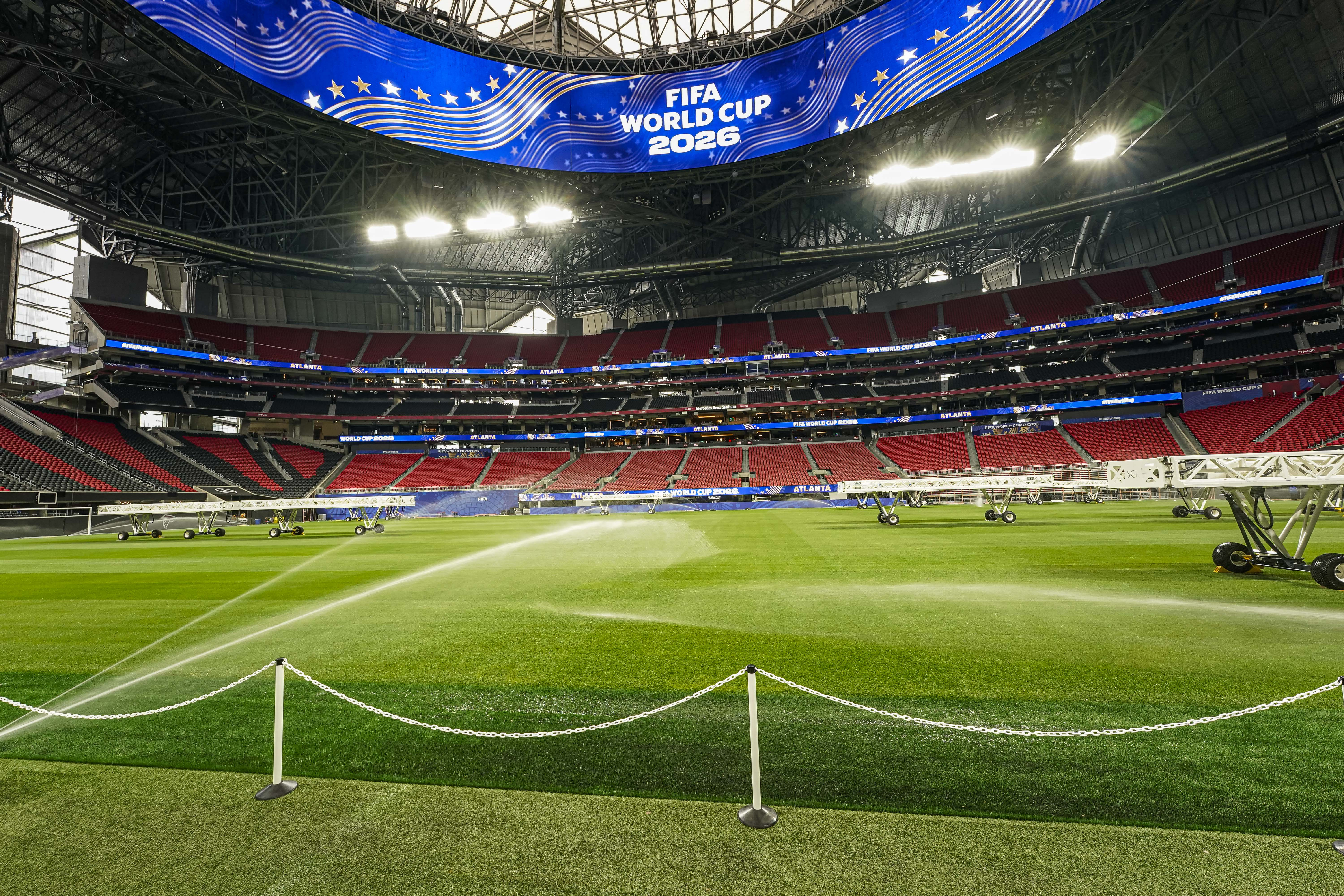 May 21, 2026; Atlanta, Georgia, USA; General view of the new grass pitch installed in Atlanta Stadium during an event to showcase the preparations for the 2026 FIFA World Cup at Atlanta Stadium. Mandatory Credit: Dale Zanine-Imagn Images