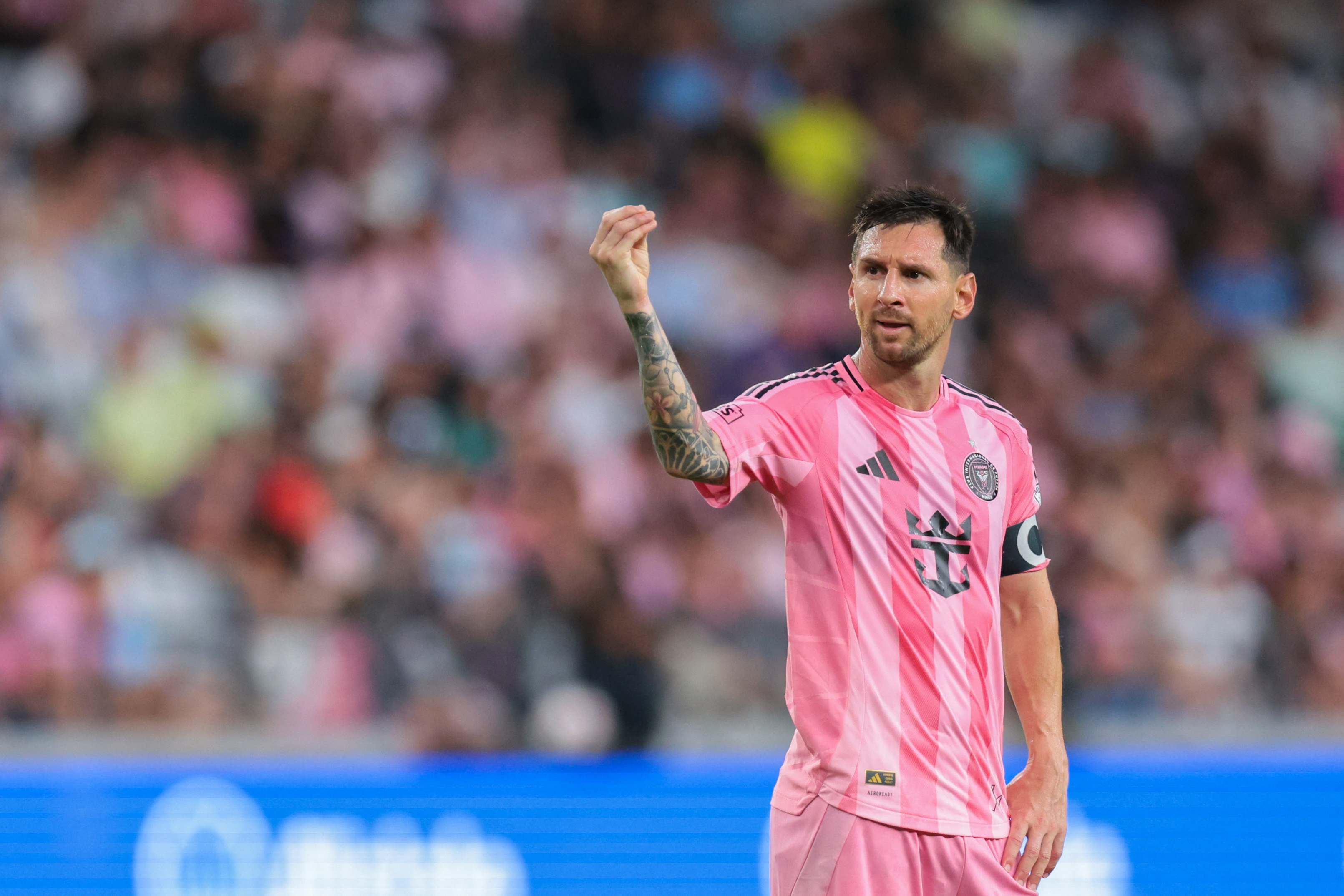 May 17, 2026; Miami, Florida, USA; Inter Miami CF forward Lionel Messi (10) reacts to chants from the fans to Inter Miami CF players against the Portland Timbers during the second half at Nu Stadium. Mandatory Credit: Sam Navarro-Imagn Images
