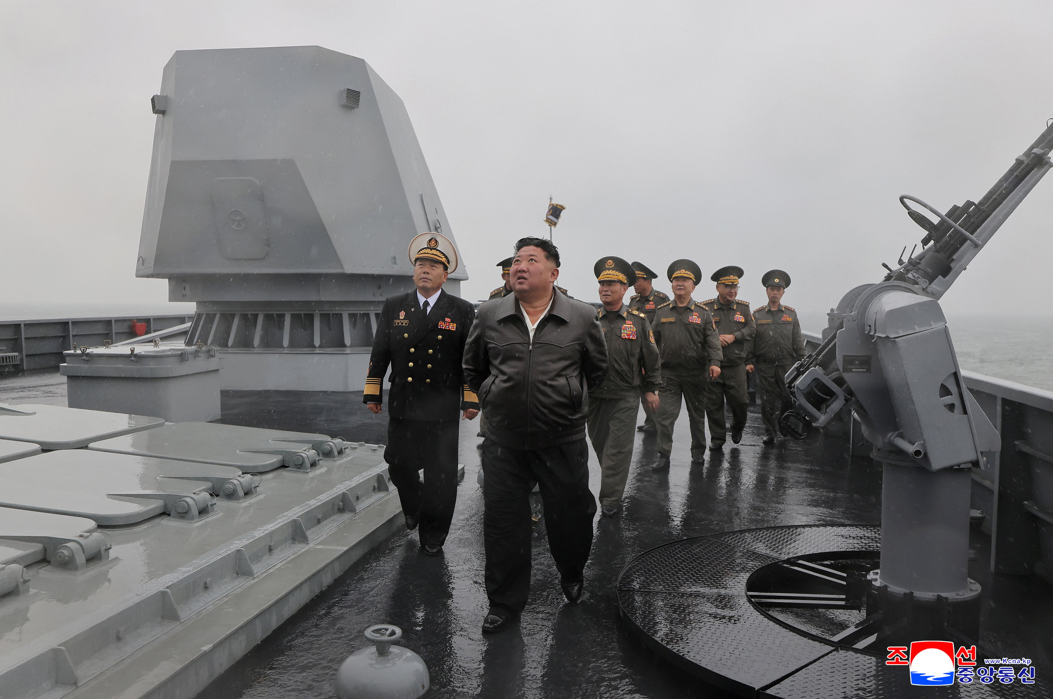 North Korean leader Kim Jong Un visits a navy destroyer being tested for deployment, May 7, 2026