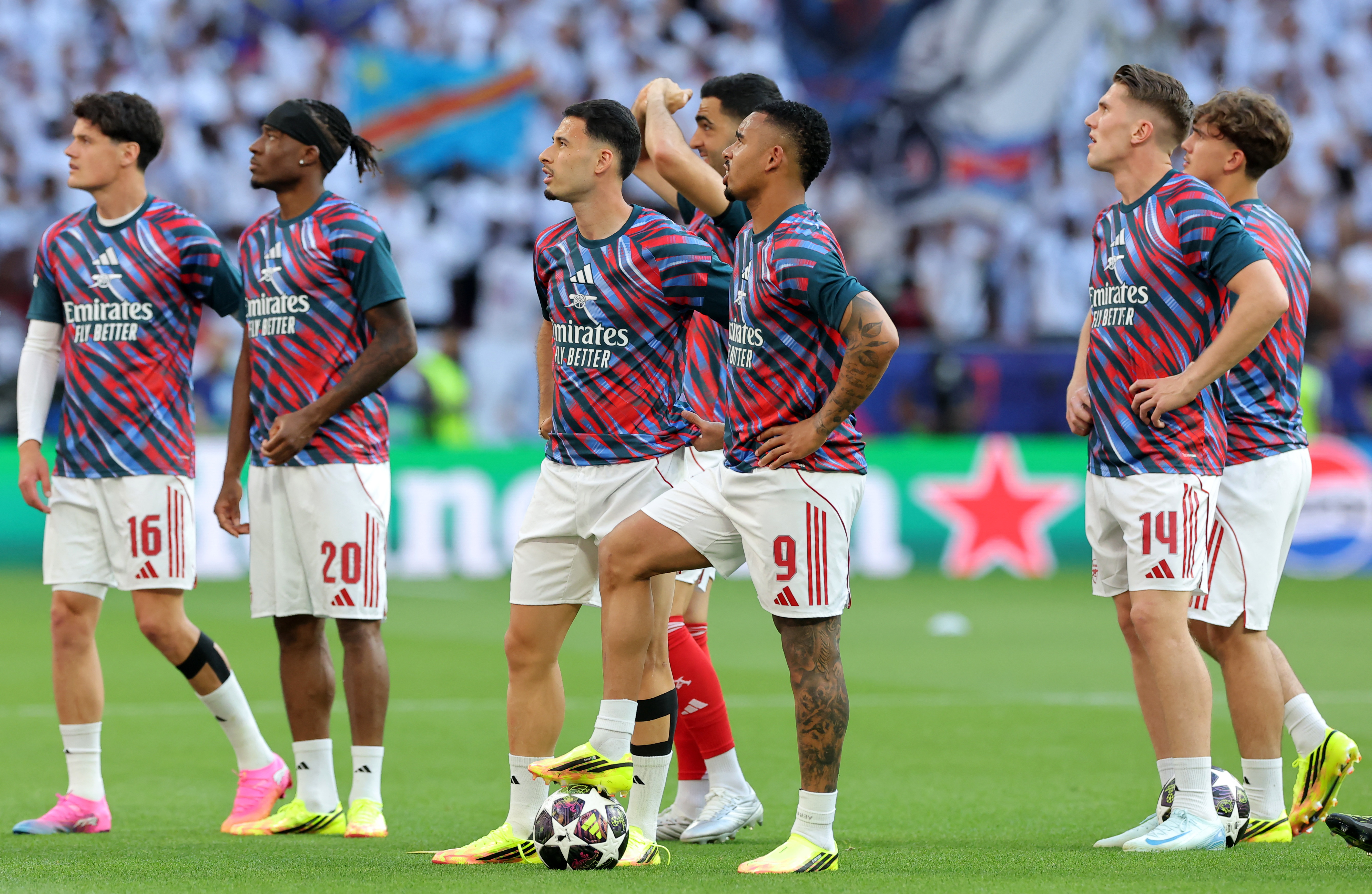Soccer Football - UEFA Champions League - Final - Paris St Germain v Arsenal - Puskas Arena, Budapest, Hungary - May 30, 2026 Arsenal's Christian Norgaard, Noni Madueke, Gabriel Martinelli, Mikel Merino, Gabriel Jesus, Viktor Gyokeres and Max Dowman durin